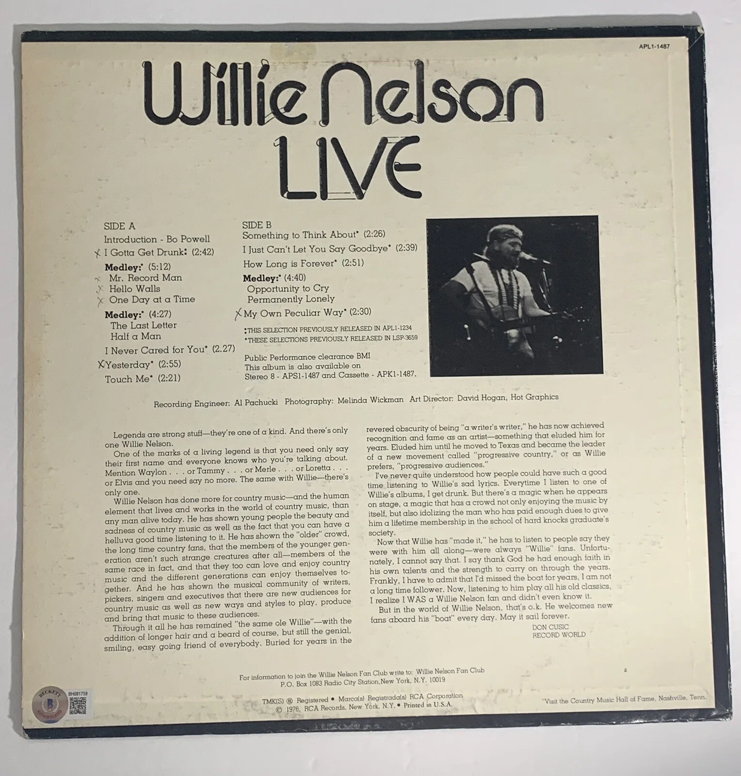 Willie Nelson signed Live Album lp autograph beckett coa, изображение 4