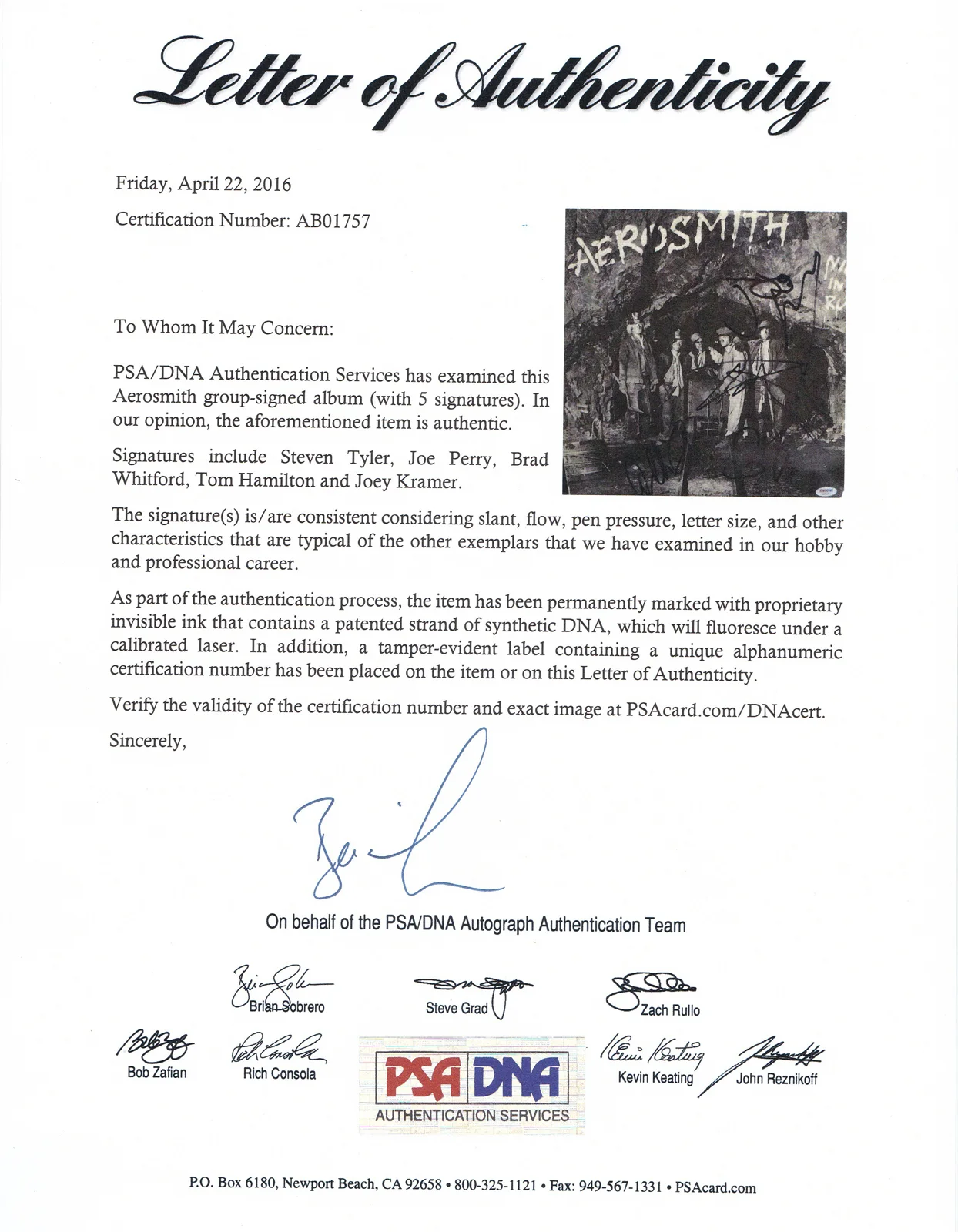 Aerosmith — Aerosmith Complete Band Signed Night In The Ruts Vinyl Record Album PSA/DNA COA, image 3