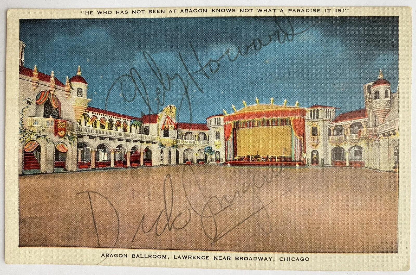 Eddy Howard, Dick Jurgens — c1941 Aragon Ballroom Eddy Howard Dick Jurgens and Band Signed Chicago Postcard, изображение 2