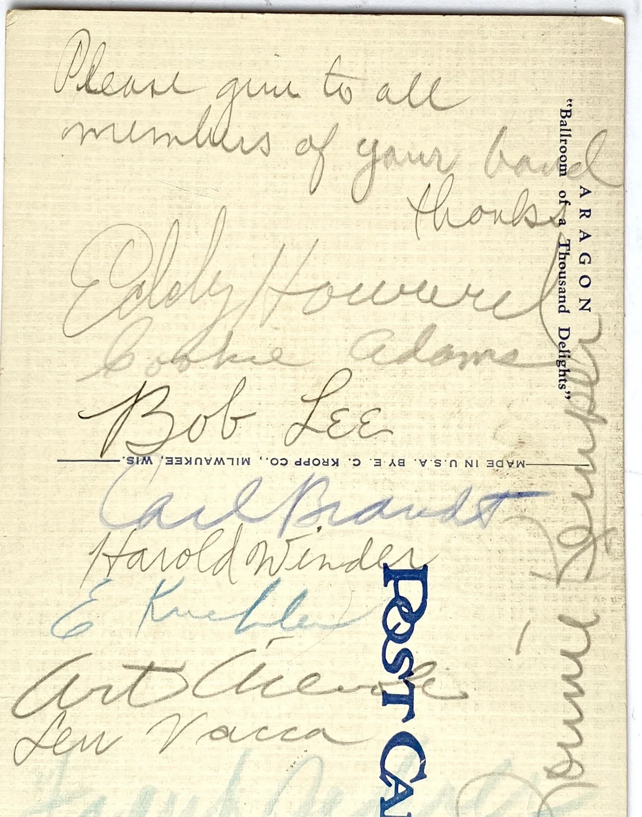 Eddy Howard, Dick Jurgens — c1941 Aragon Ballroom Eddy Howard Dick Jurgens and Band Signed Chicago Postcard, изображение 5