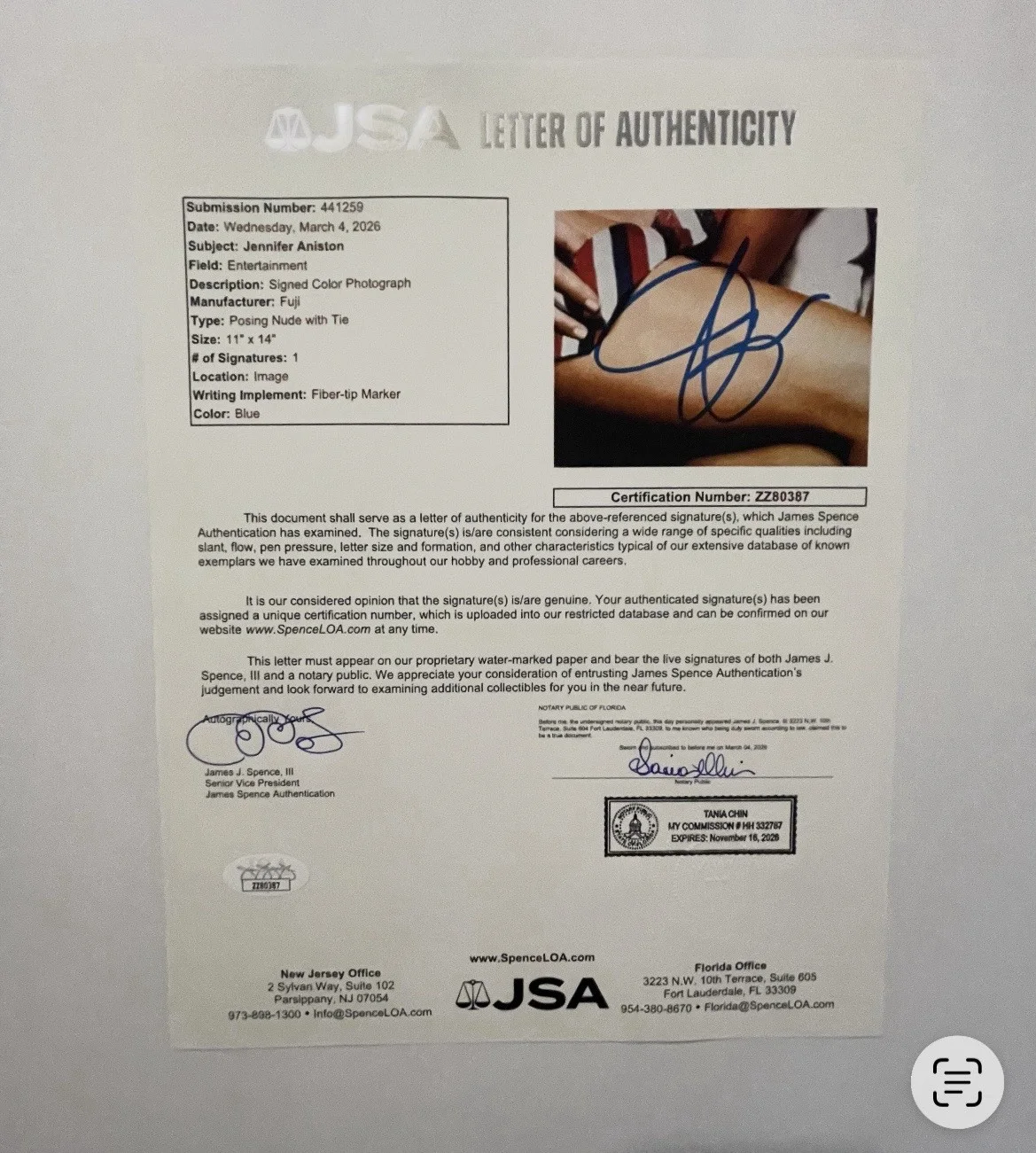 Jennifer Aniston Signed Autograph 11 X 14” Photo Beautifully Signed Rare JSA LOA, image 2