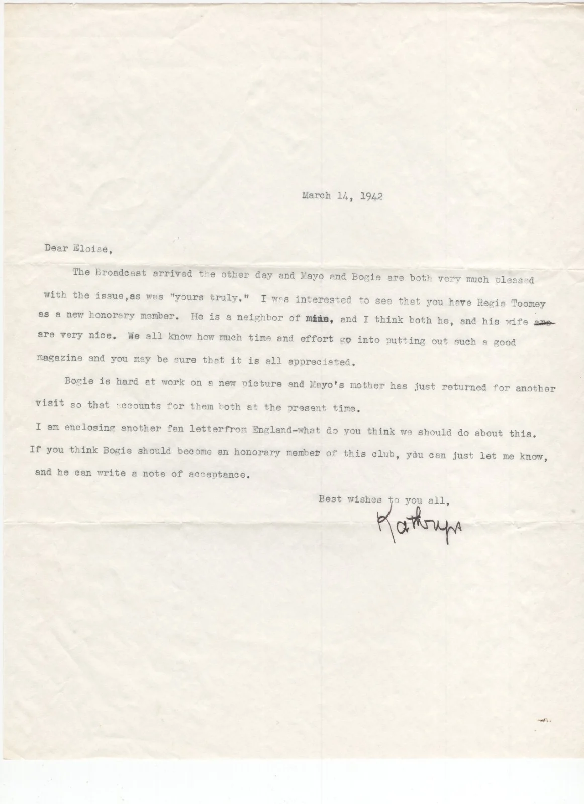 10 Letters from Humphrey Bogart's Secretary 1941-1942 / Autographed, image 5