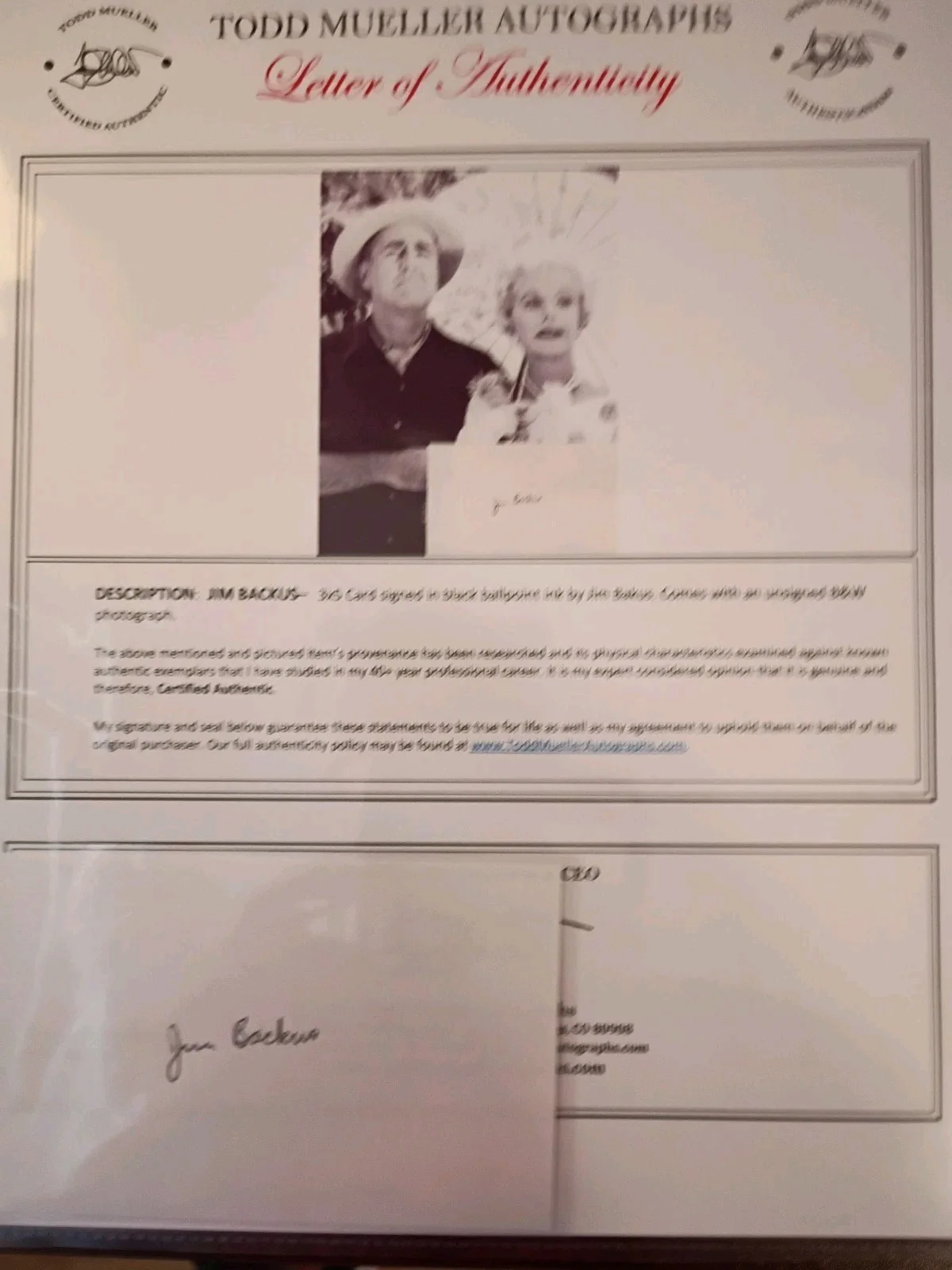 Jim Backus — JIM BACKUS Signed 3x5 Index Card..GILLIGAN’S ISLAND Star..(d.1989) Mueller COA