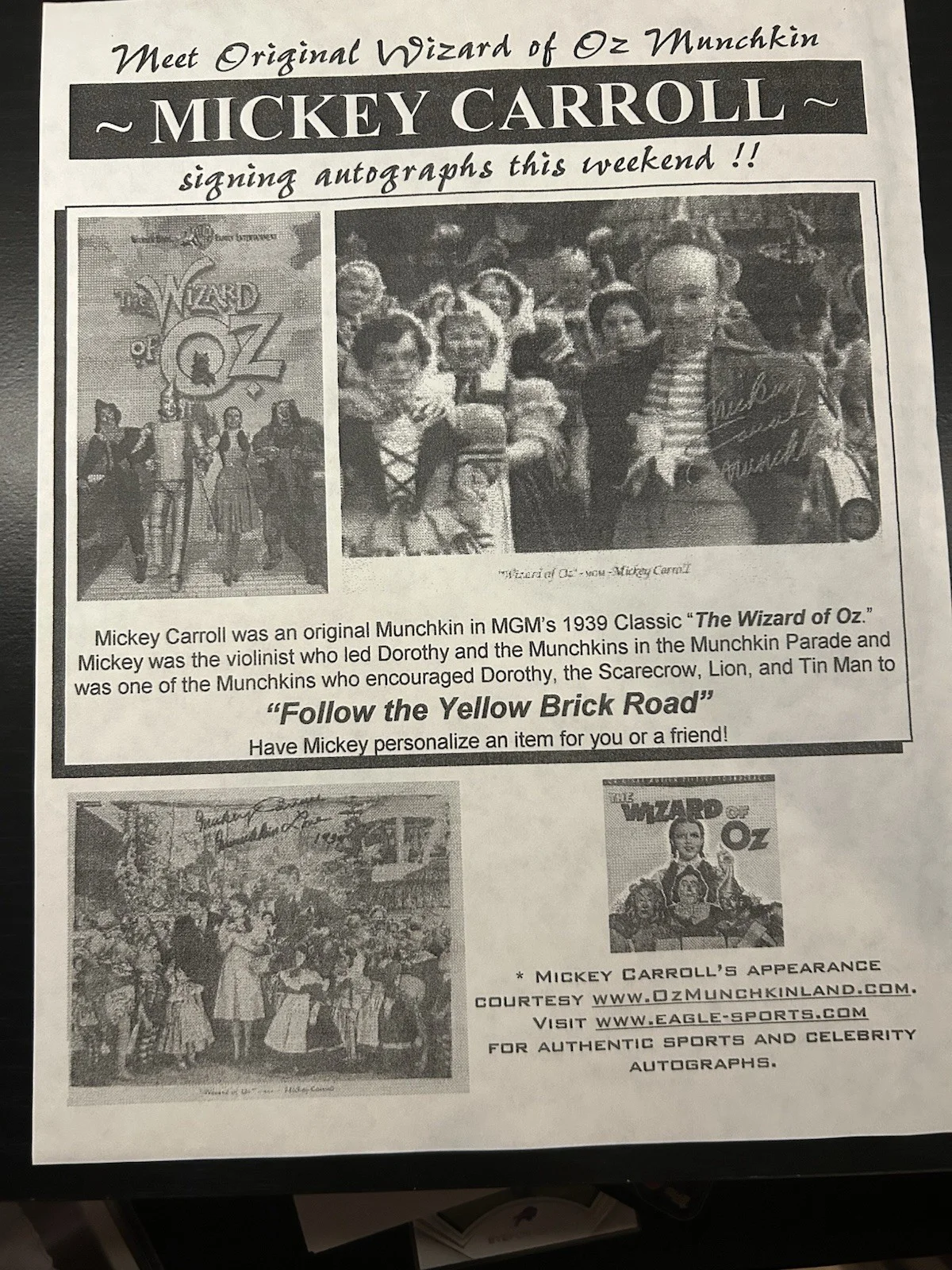 Mickey Carroll — Mickey Carroll Signed Wizard of Oz Photo Autograph Munchkin + Bio Flyer & Promo, изображение 2