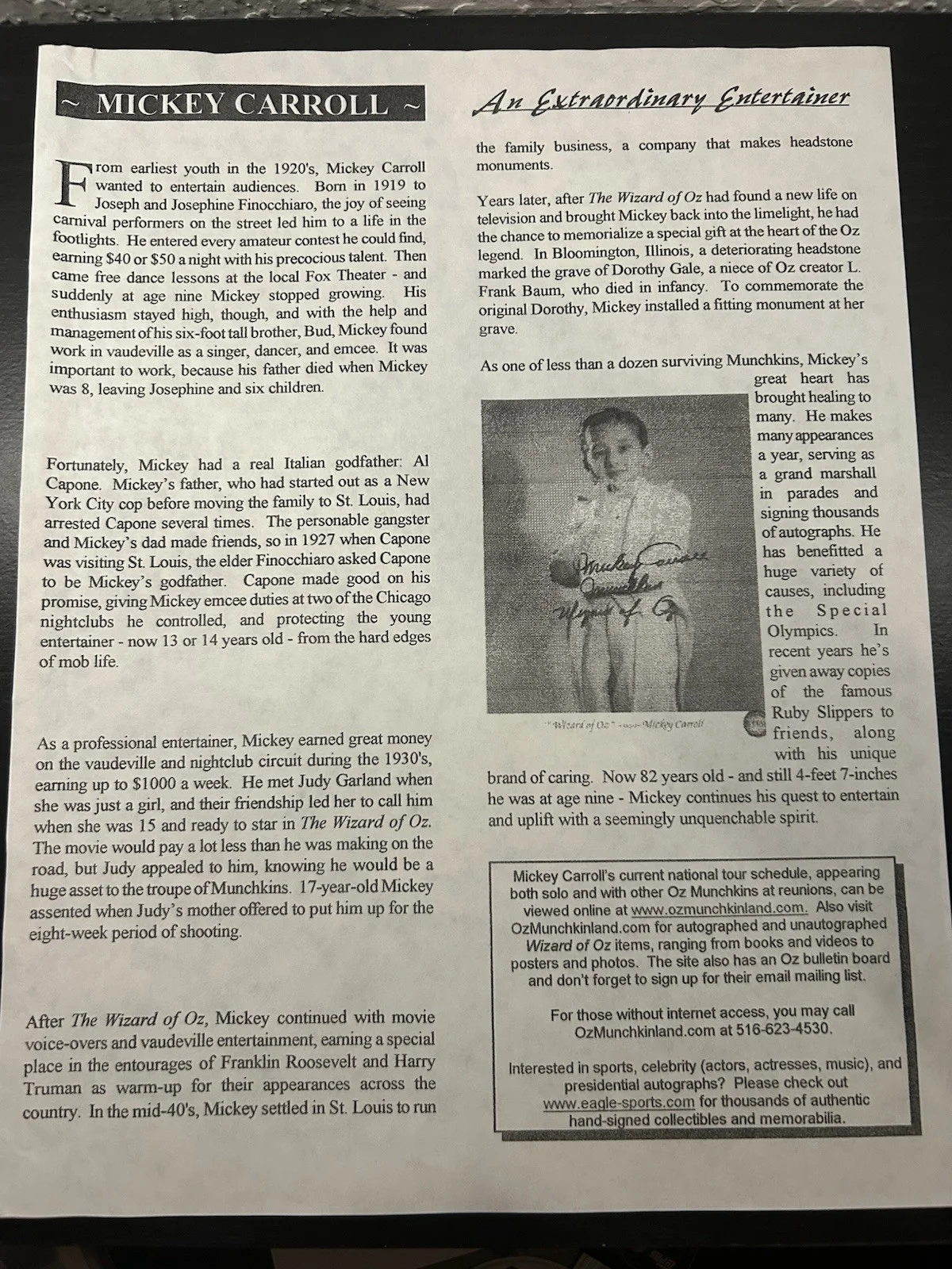 Mickey Carroll — Mickey Carroll Signed Wizard of Oz Photo Autograph Munchkin + Bio Flyer & Promo, изображение 3