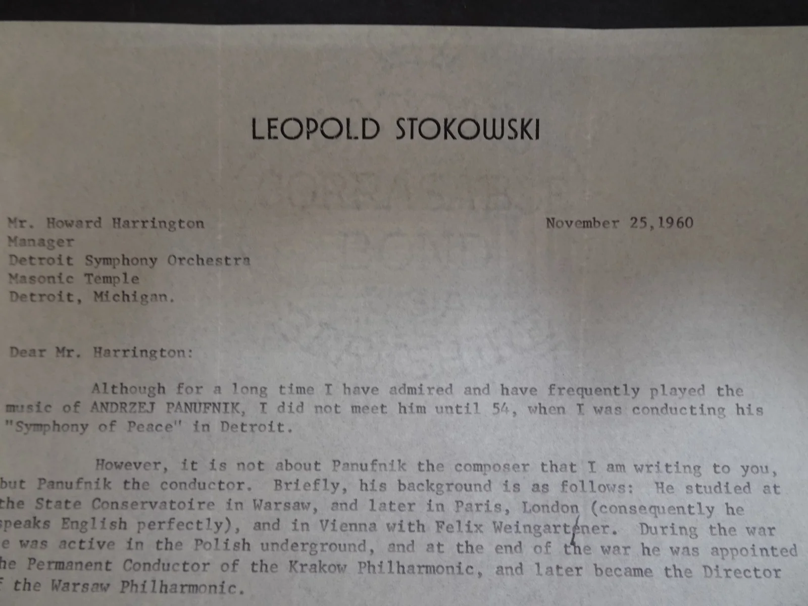 Leopold Stokowski — Leopold Stokowski British Conductor Autograph Letter Symphony Manager 11/25/60, image 2