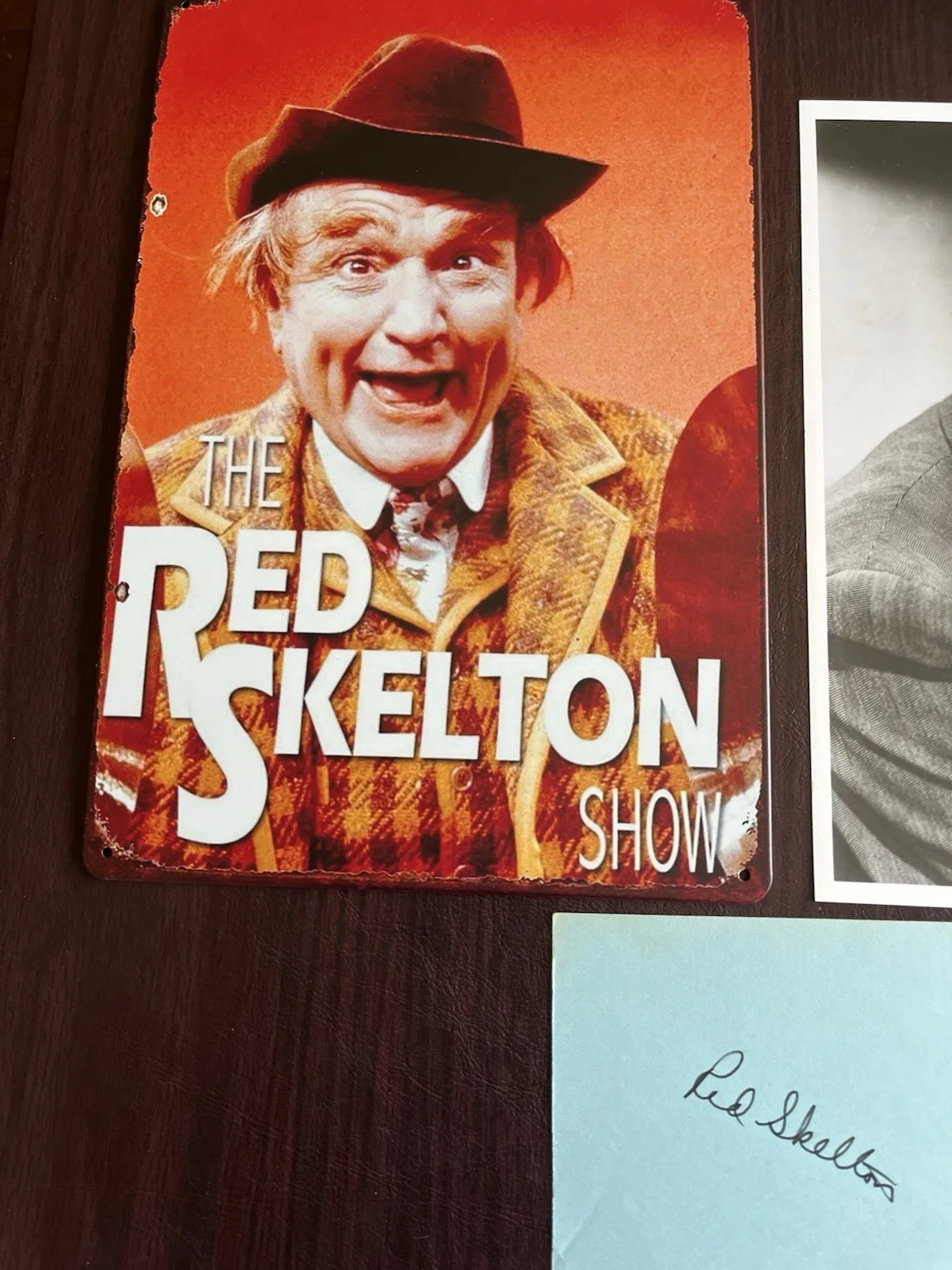 A Signed Card From Red Skelton plus A 8x10 Photo And A Metal Sign, image 2
