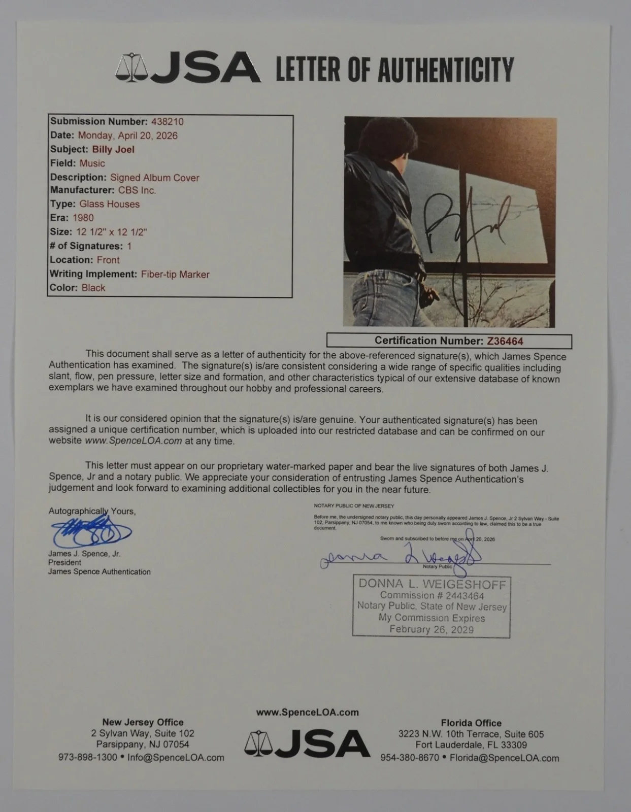 Billy Joel JSA Signed Autograph Album Vinyl Record Glass Houses, image 4