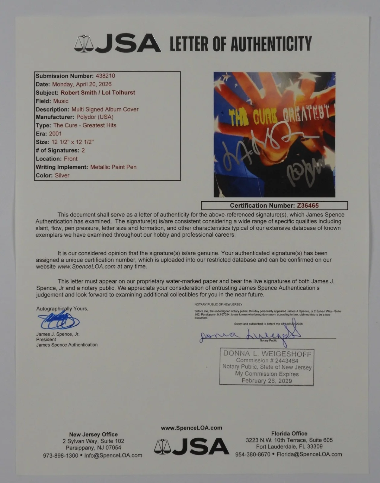 The Cure JSA Robert Smith Simon Gallup Perry Signed Autograph Album Record, image 4