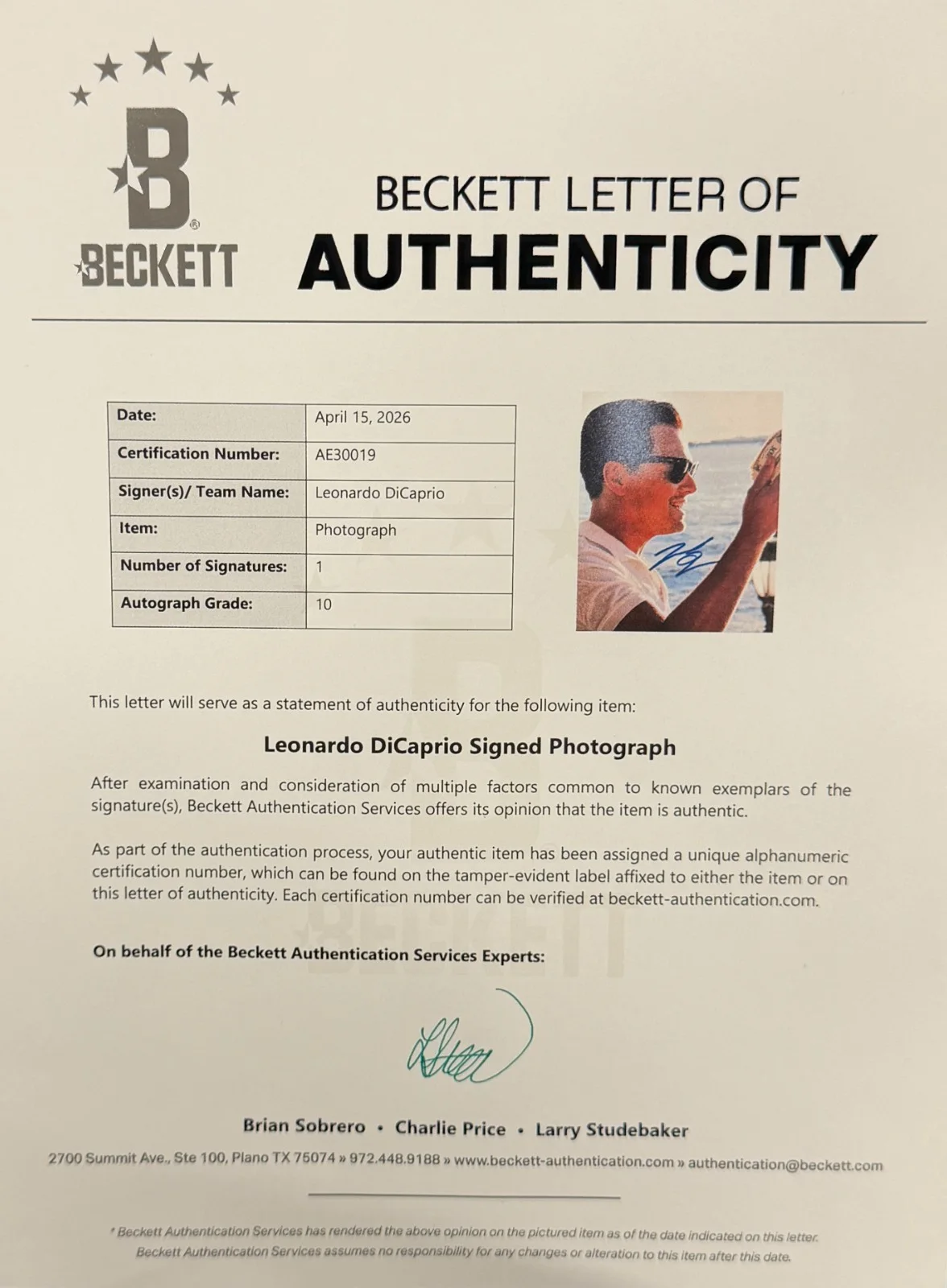 Leonardo Dicaprio — Leonardo Dicaprio Signed 11x14 Photo The Wolf of Wall Street BAS LOA Auto 10, изображение 2