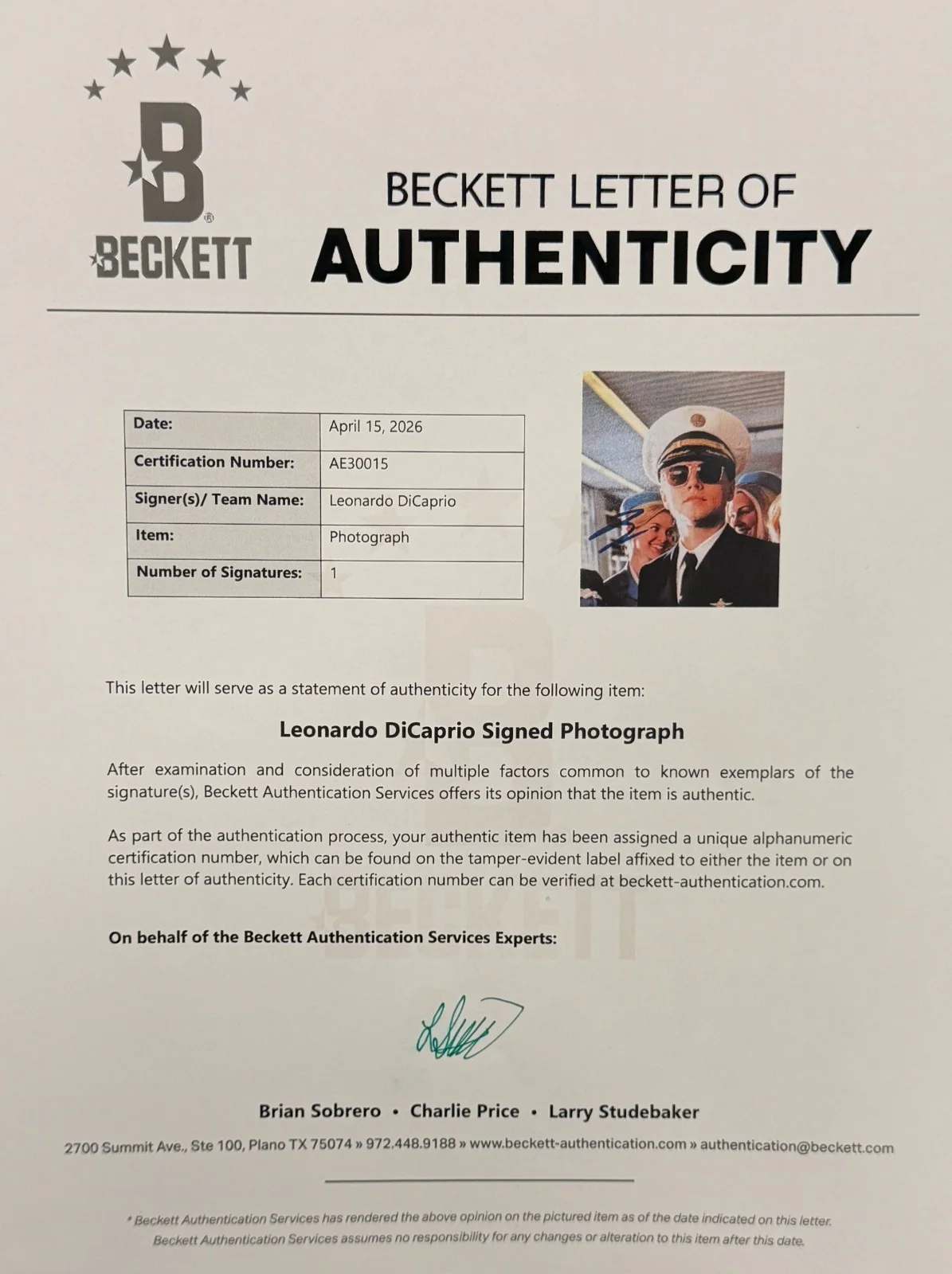 Leonardo Dicaprio — Leonardo Dicaprio Signed 11x14 Photo The Aviator Authentic Autograph Beckett LOA, image 2