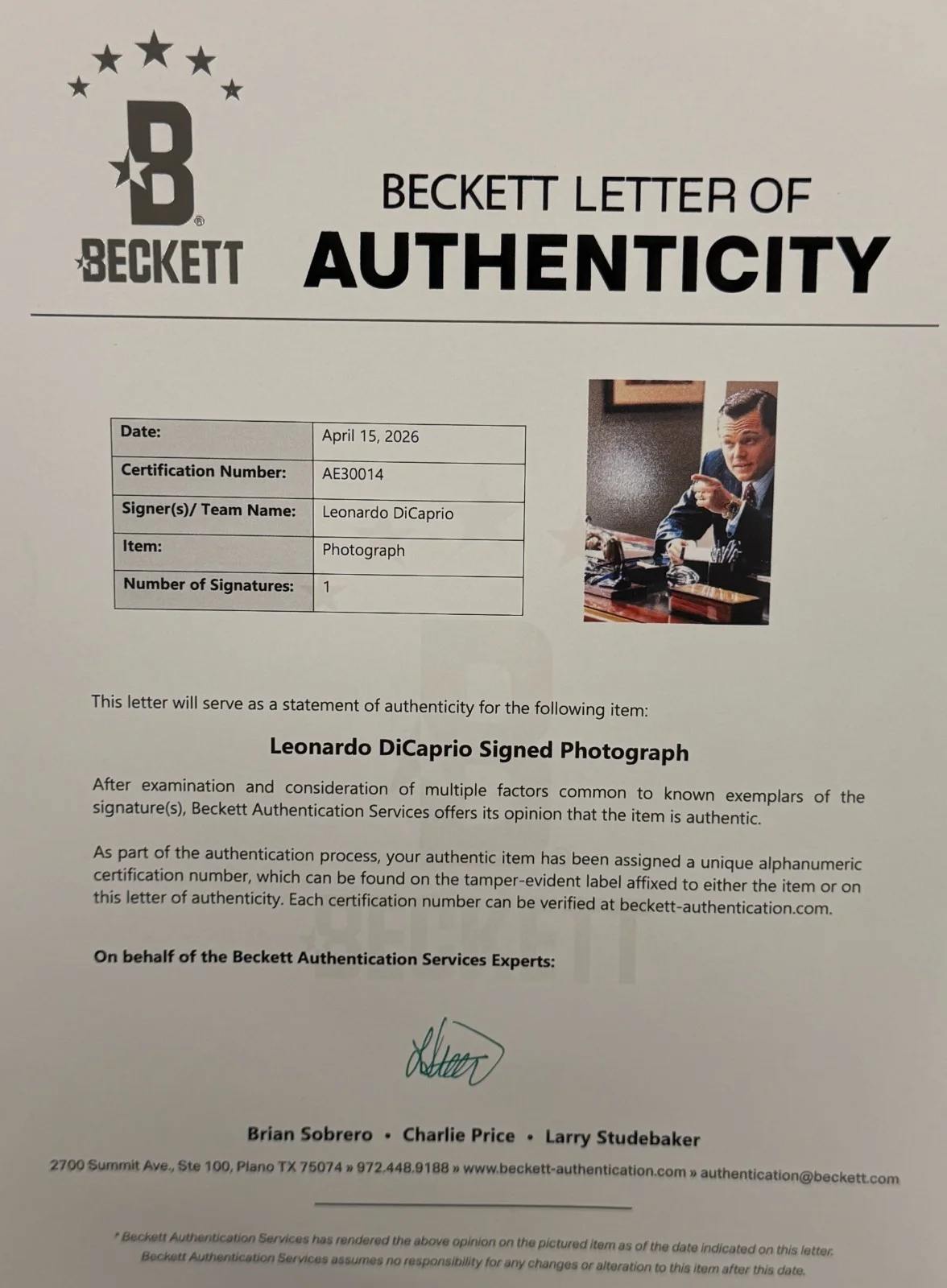 Leonardo Dicaprio — Leonardo Dicaprio Signed 11x14 Photo The Wolf of Wall Street Auto Beckett LOA, изображение 2