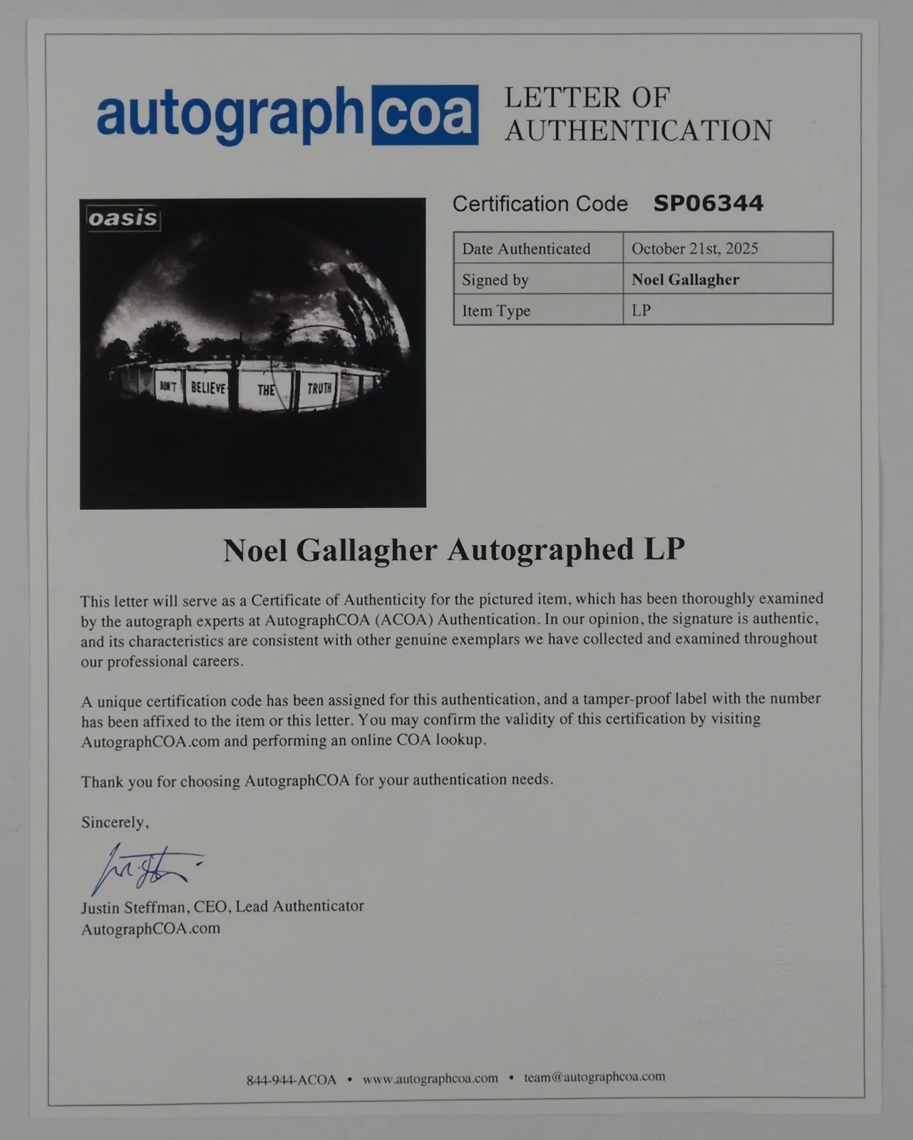 Oasis Noel Gallagher ACOA Signed Autograph Record Album Vinyl, image 4