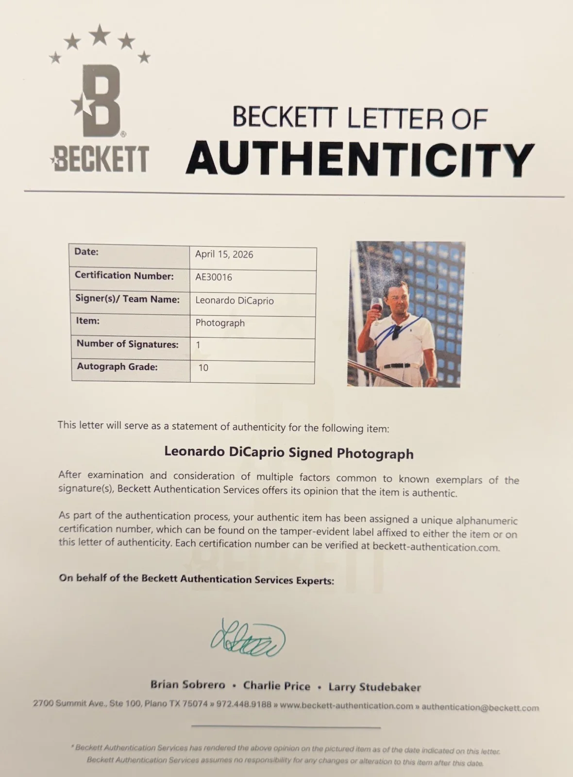 Leonardo Dicaprio — Leonardo Dicaprio Signed 11x14 Photo The Wolf of Wall Street BAS LOA Auto 10, image 2