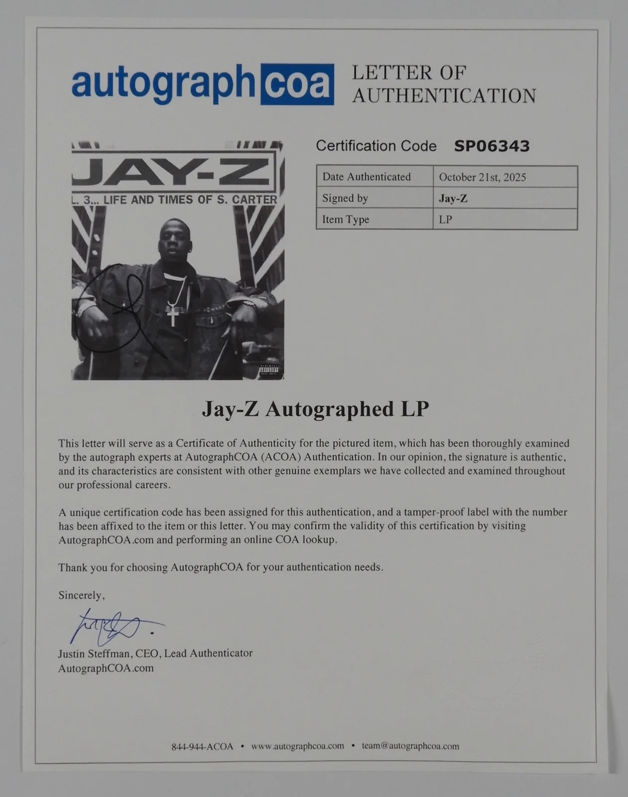 Jay Z ACOA Signed Autograph Record Album Vinyl Life And Times of S. Carter, изображение 4