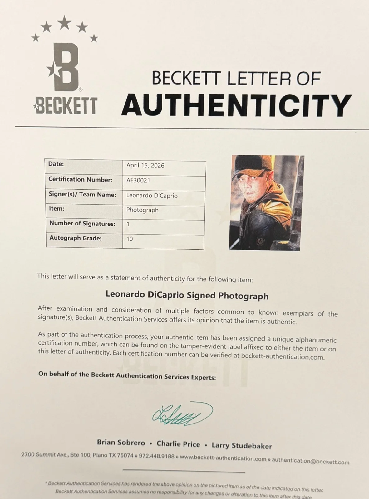 Leonardo Dicaprio — Leonardo Dicaprio Signed 11x14 Photo The Departed Autograph Beckett LOA Grade 10, изображение 3