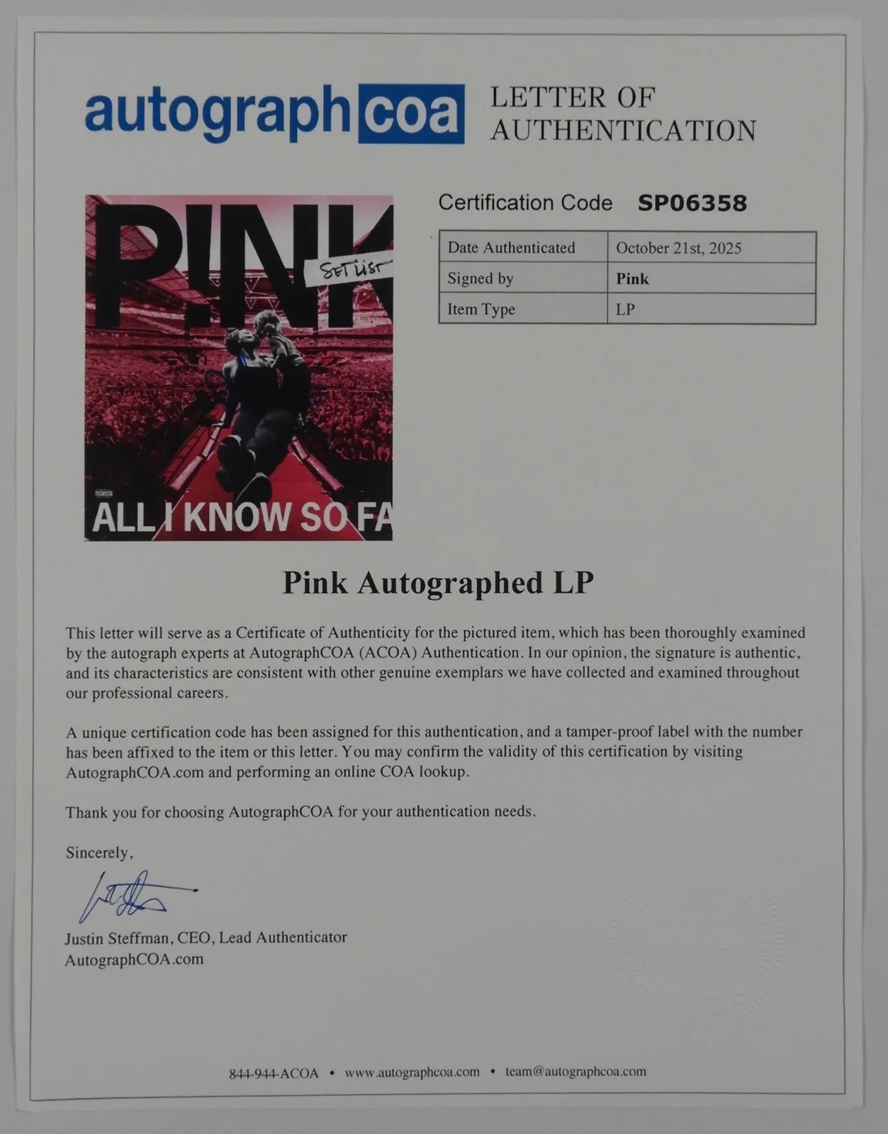 P!NK ACOA Signed Autograph Record Album Vinyl All I Know So Far PINK, image 4