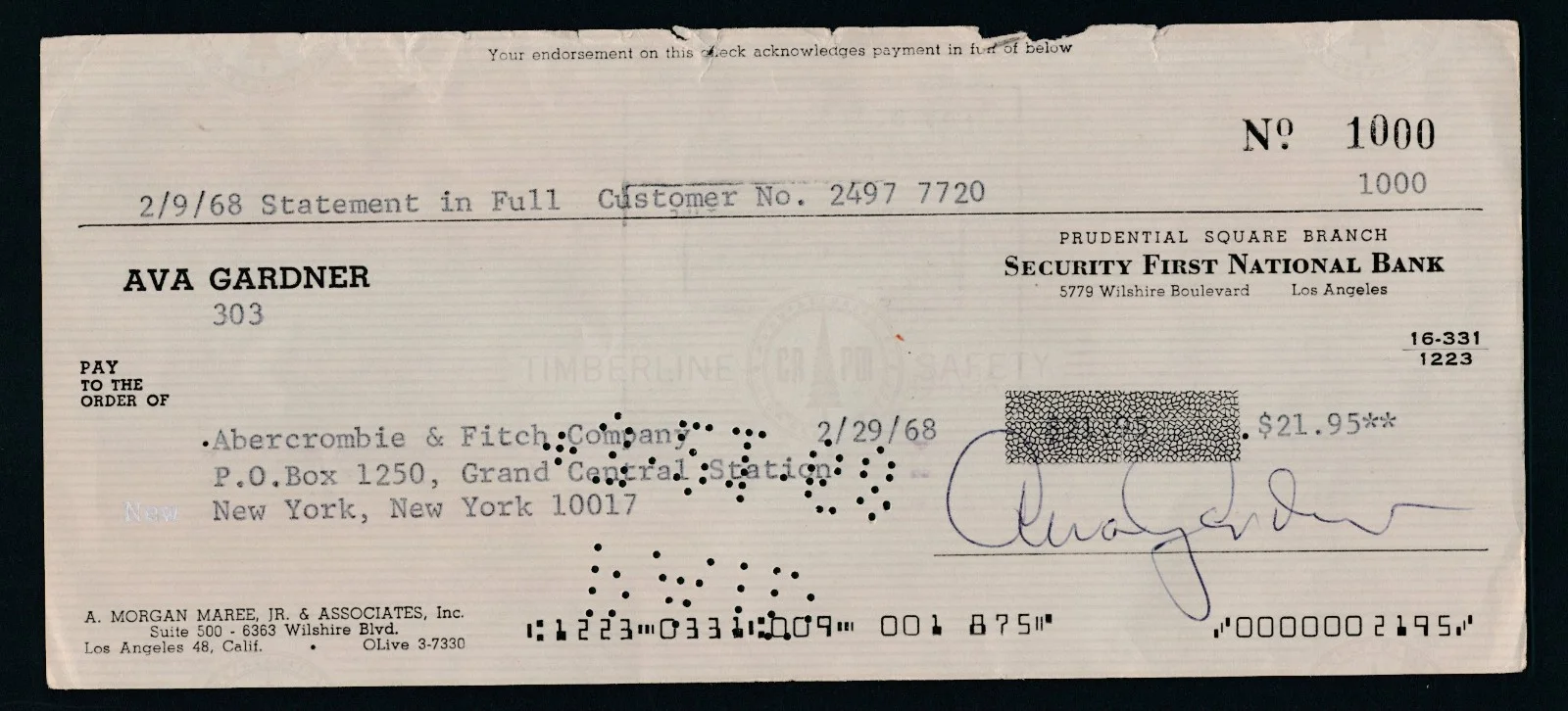 Ava Gardner - 1968 Signed Check w/ Orig. 1954 MGM Promo Still - Autograph, image 2