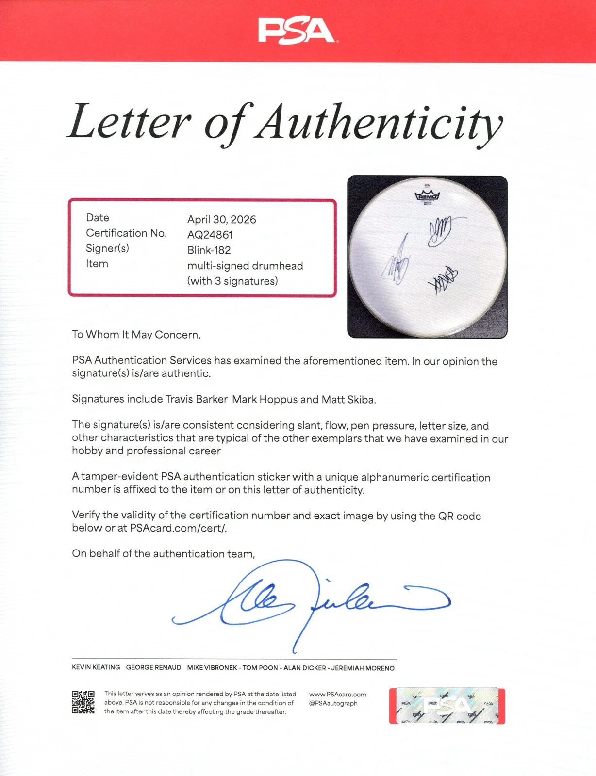 blink-182 Signed Autographed 14” Drumhead PSA/DNA Authenticated, image 3
