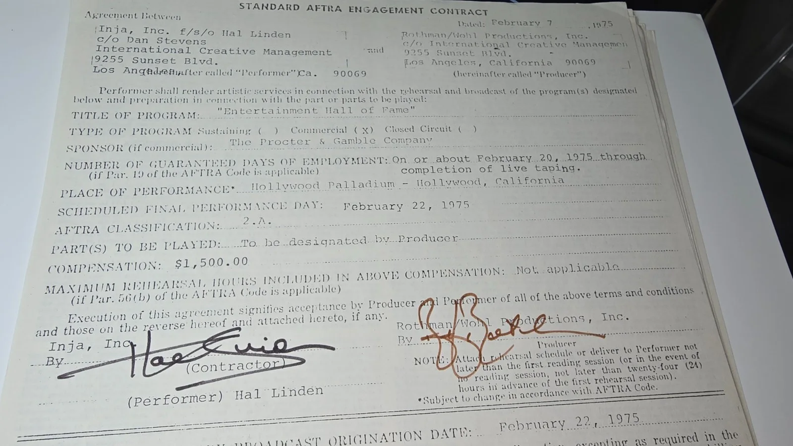 Hal Linden Signed 1975 AFTRA Contract Entertainment Hall of Fame Barney Miller, изображение 2