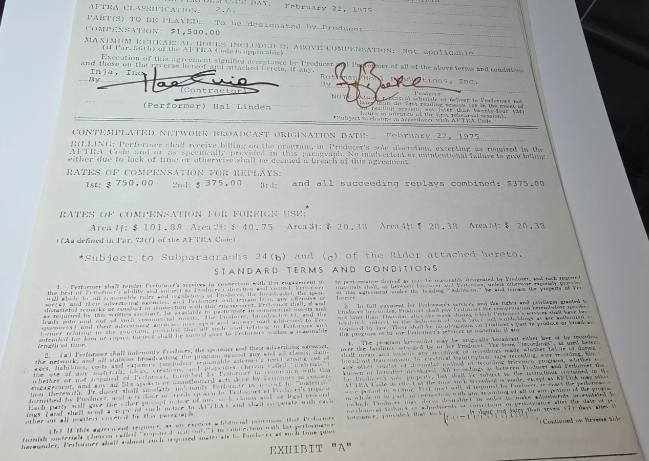 Hal Linden Signed 1975 AFTRA Contract Entertainment Hall of Fame Barney Miller, изображение 3