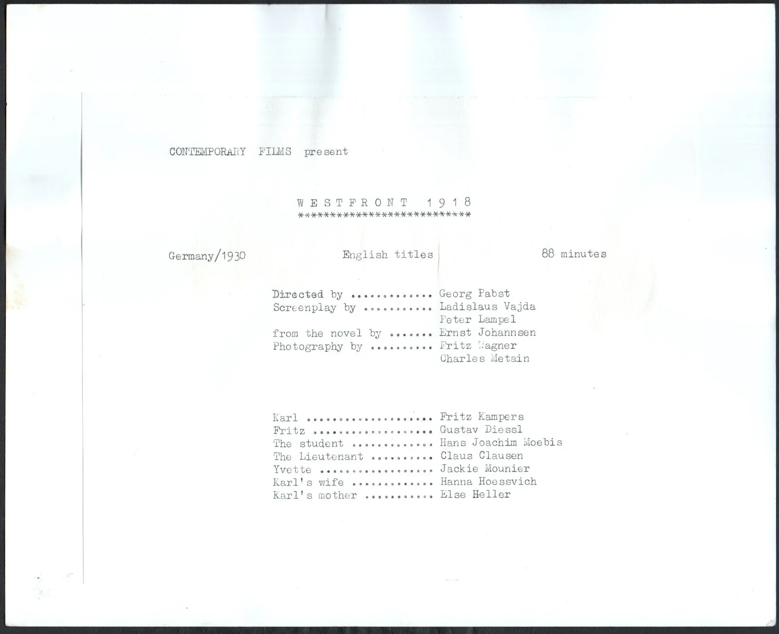WESTFRONT 1918 1930 Georg Wilhelm Pabst - Fritz Kampers 10x8 STILL, изображение 2