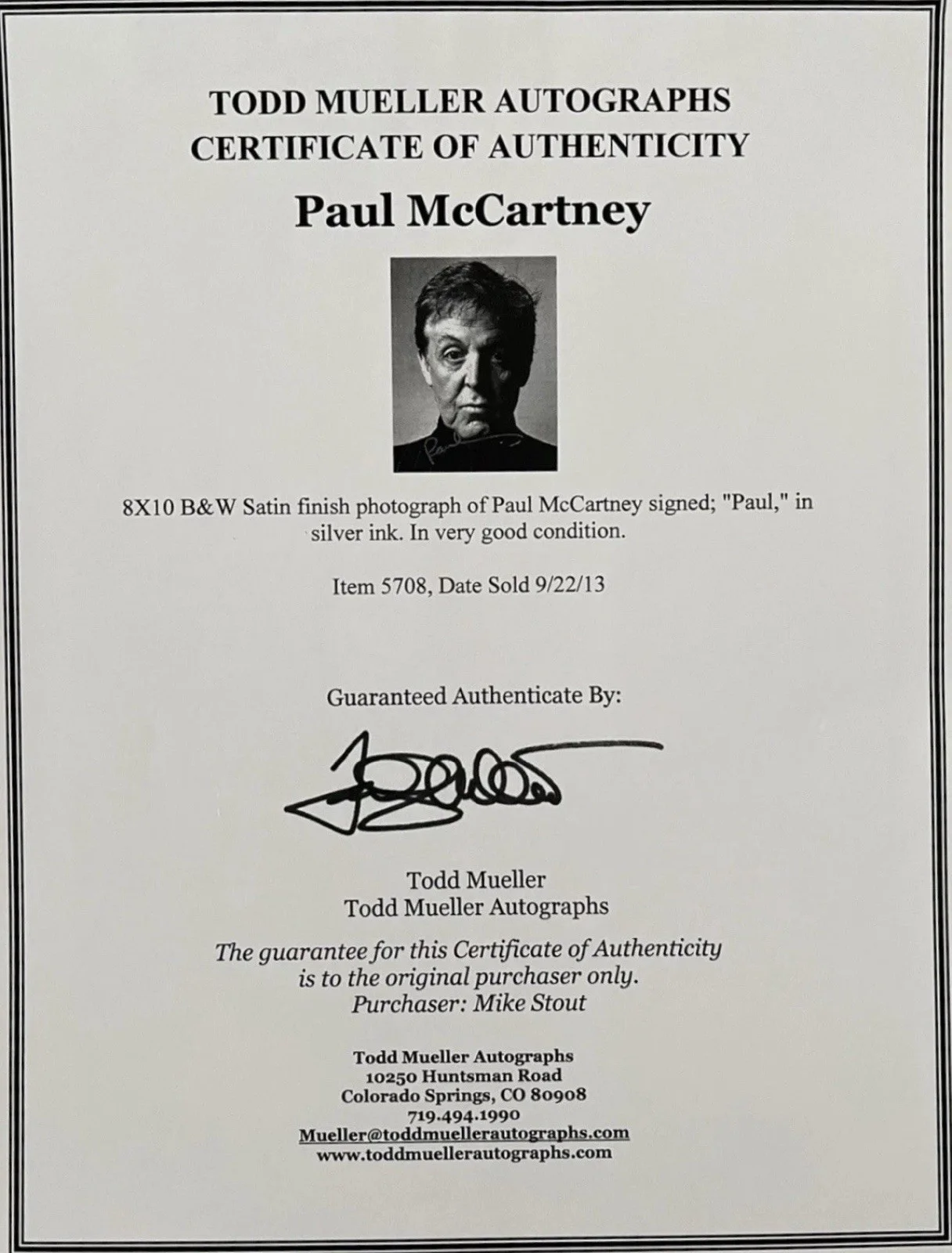 Paul McCartney Signed Photo Todd Mueller COA Autograph The Beatles 8x10, image 2