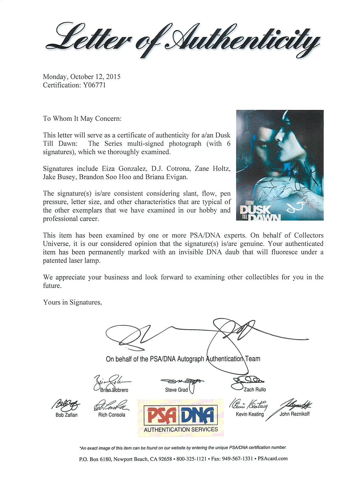 From Dusk Till Dawn Cast — From Dusk Till Dawn Cast (6) Authentic Signed 11X14 Photo PSA/DNA #Y06771, изображение 2