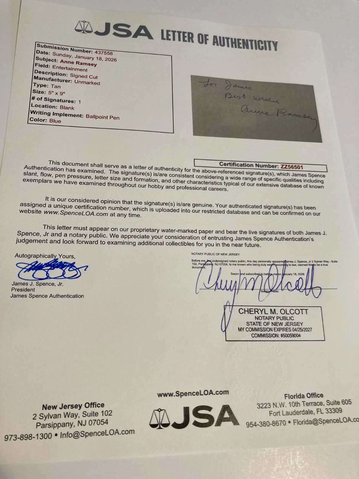 ANNE RAMSEY — ANNE RAMSEY signed 9x5.5 paper "THE GOONIES", "THROW MAMA FROM THE JSA#ZZ56501, image 3