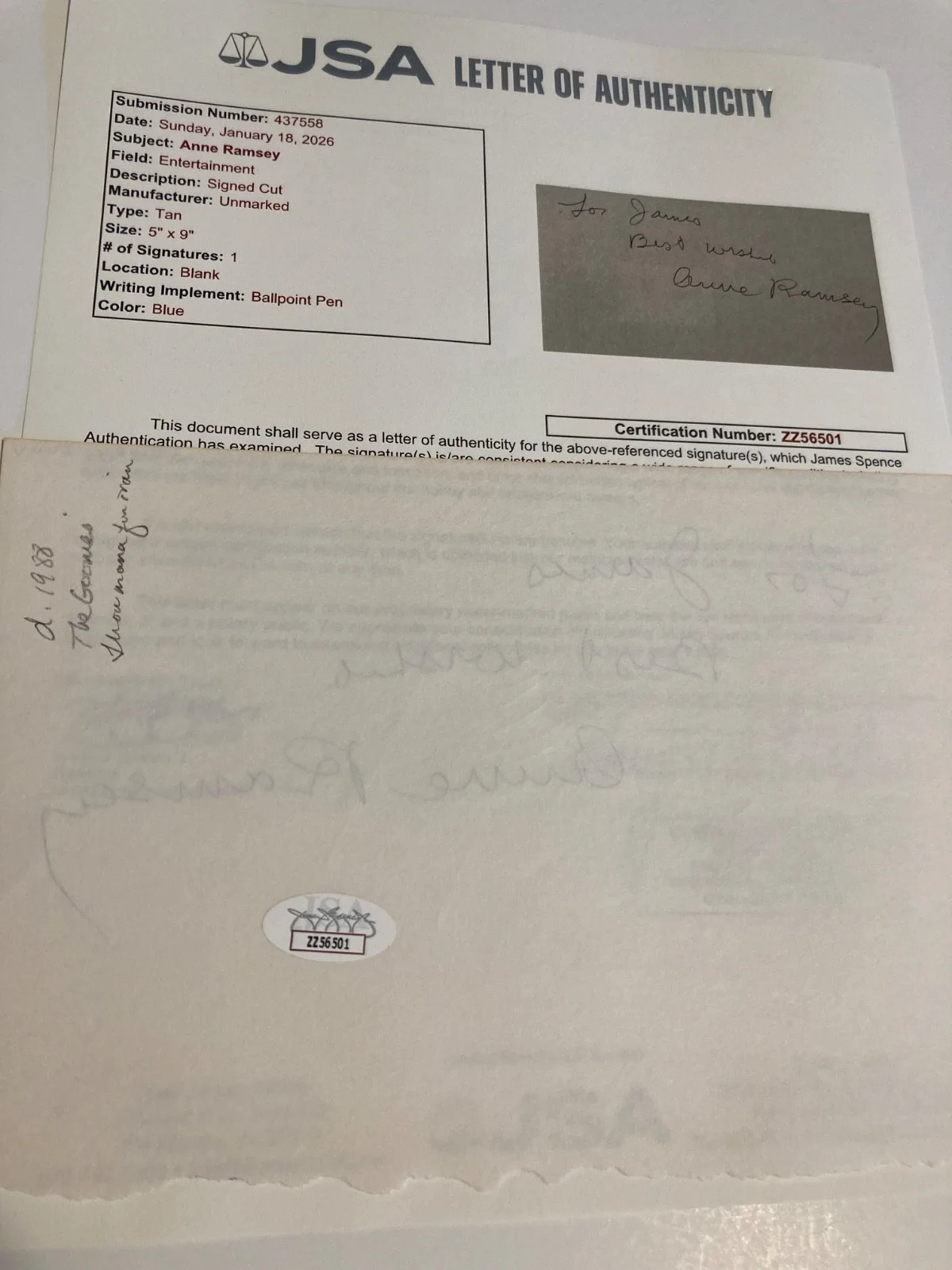 ANNE RAMSEY — ANNE RAMSEY signed 9x5.5 paper "THE GOONIES", "THROW MAMA FROM THE JSA#ZZ56501, image 4
