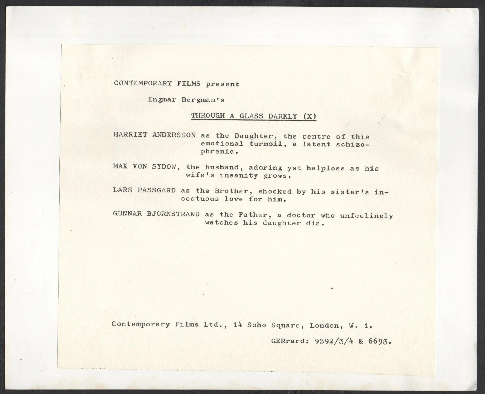 THROUGH A GLASS DARKLY 1961 Ingmar Bergman Harriet Andersson Max Von Sydow STILL, изображение 2