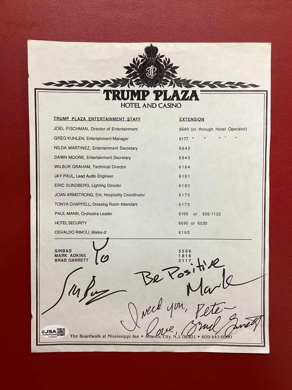 Sinbad, Brad Garrett, Mark Adkins — 1990's Sinbad, Brad Garrett, Mark Adkins Trump Plaza Paper Signed 8x11 JSA Auto!
