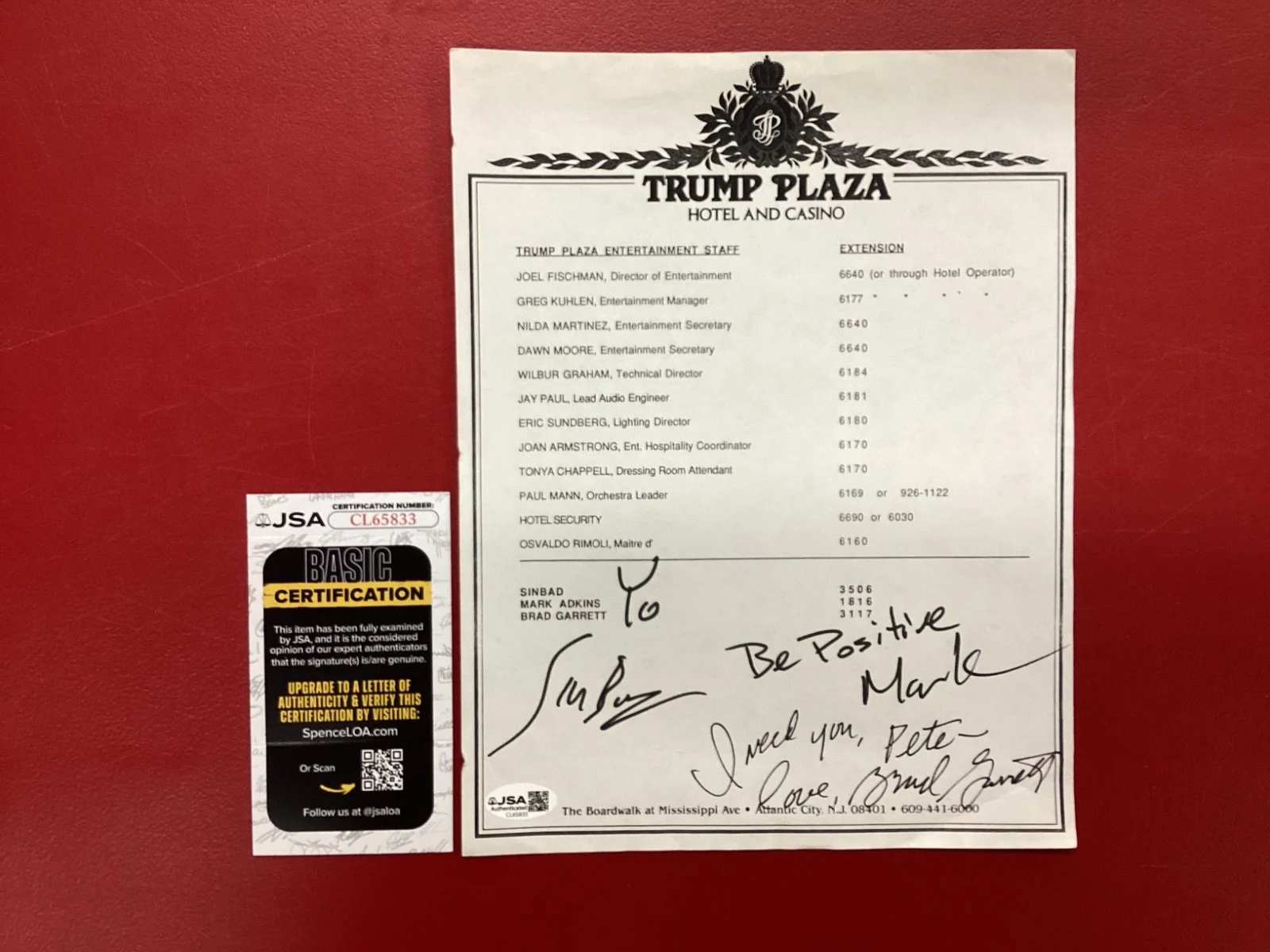 Sinbad, Brad Garrett, Mark Adkins — 1990's Sinbad, Brad Garrett, Mark Adkins Trump Plaza Paper Signed 8x11 JSA Auto!, image 2