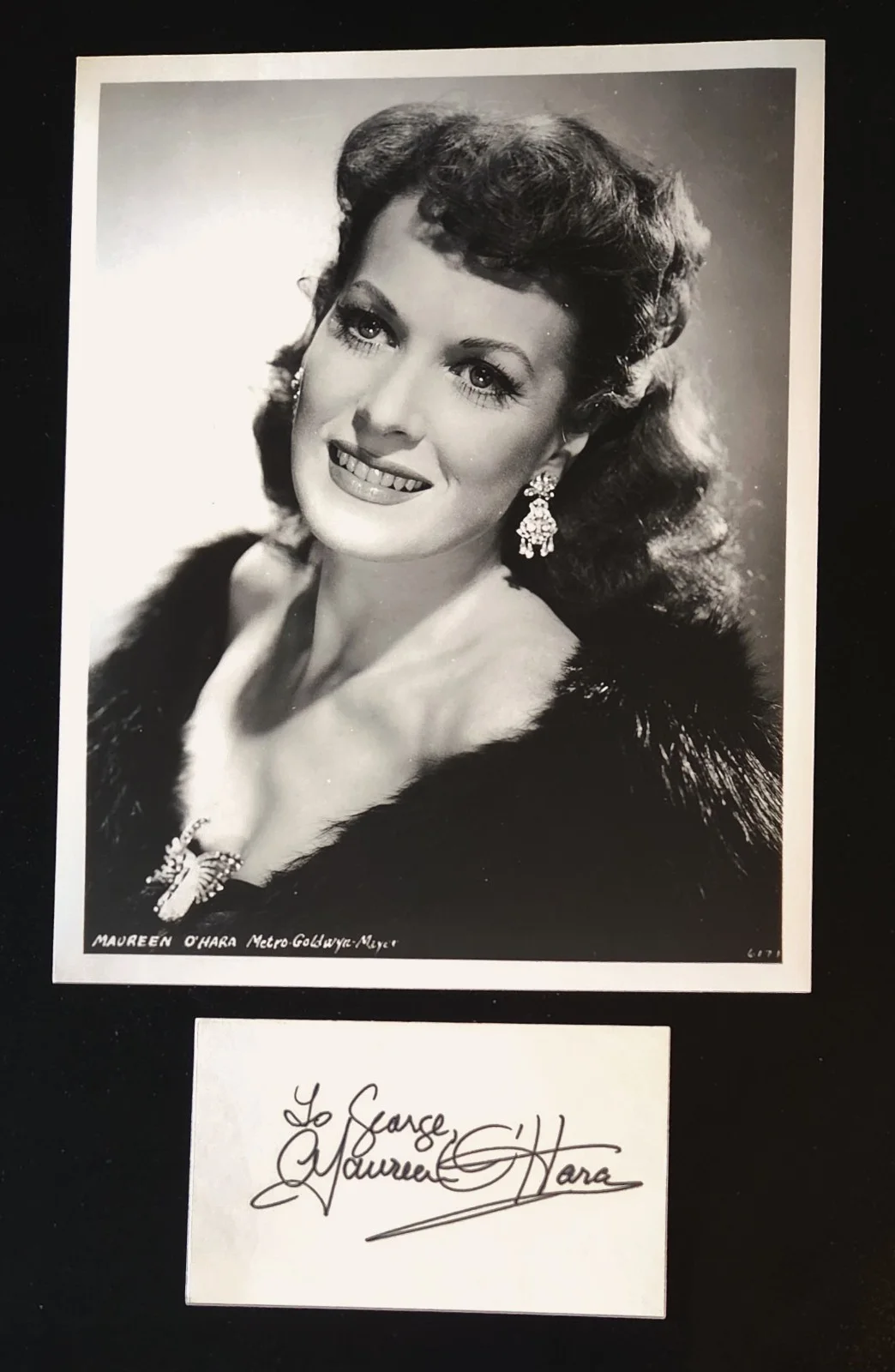 MAUREEN O'HARA — MAUREEN O'HARA signed 3x5 w/ 8x10 B&W "THE QUIET MAN," "HOW GREEN WAS MY VALLEY"
