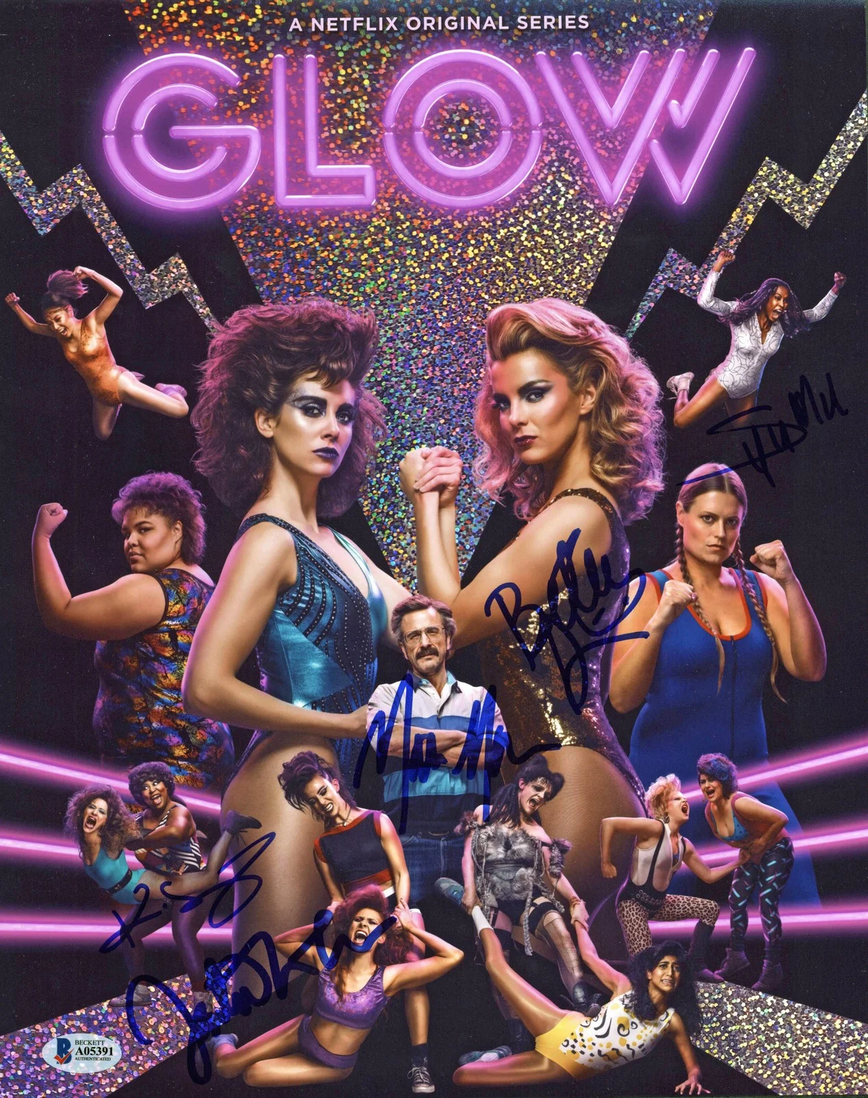Marc Maron, Kia Stevens, Betty Gilpin, Sydelle Noel & Jackie Tohn — Glow (5) Maron, Stevens, Gilpin, Noel & Tohn Signed 11x14 Photo BAS #A05391