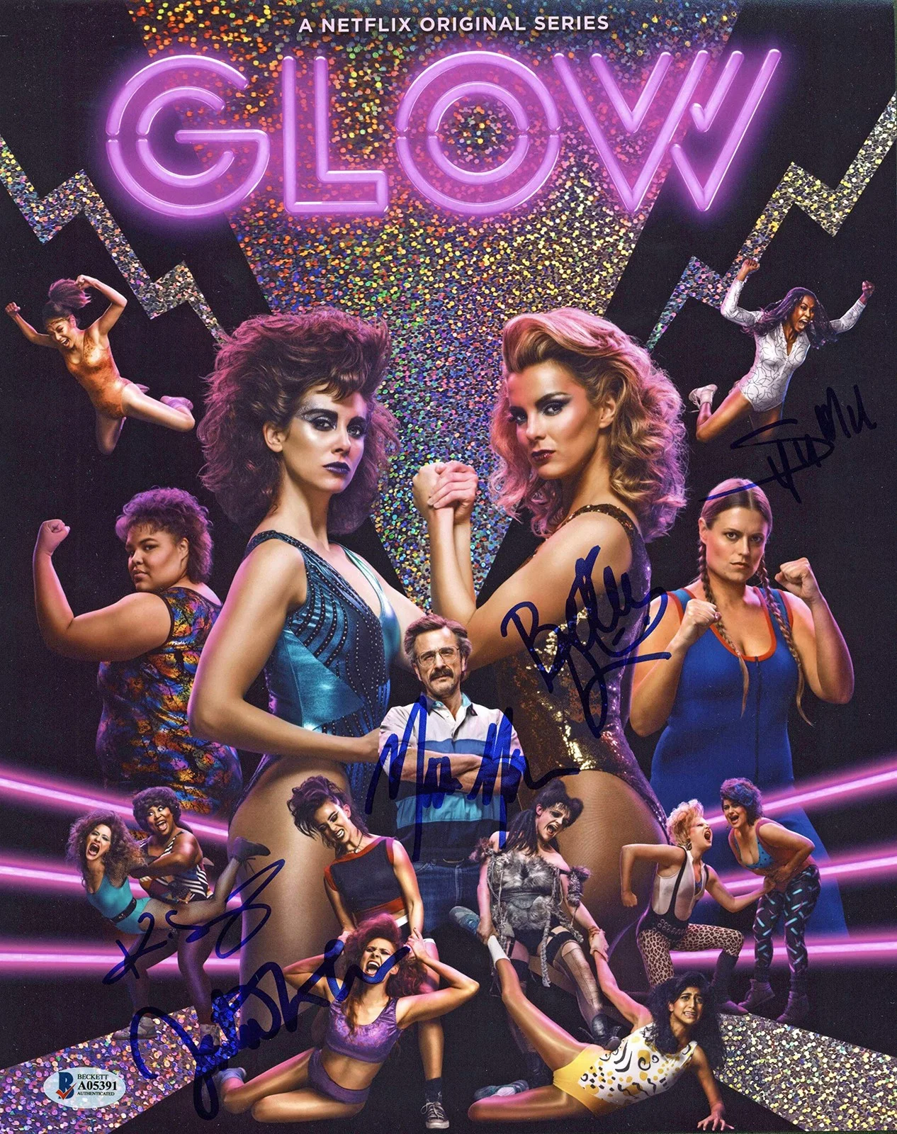 Marc Maron, Kia Stevens, Betty Gilpin, Sydelle Noel, Jackie Tohn — Glow (5) Maron, Stevens, Gilpin, Noel & Tohn Signed 11x14 Photo BAS #A05391, изображение 4