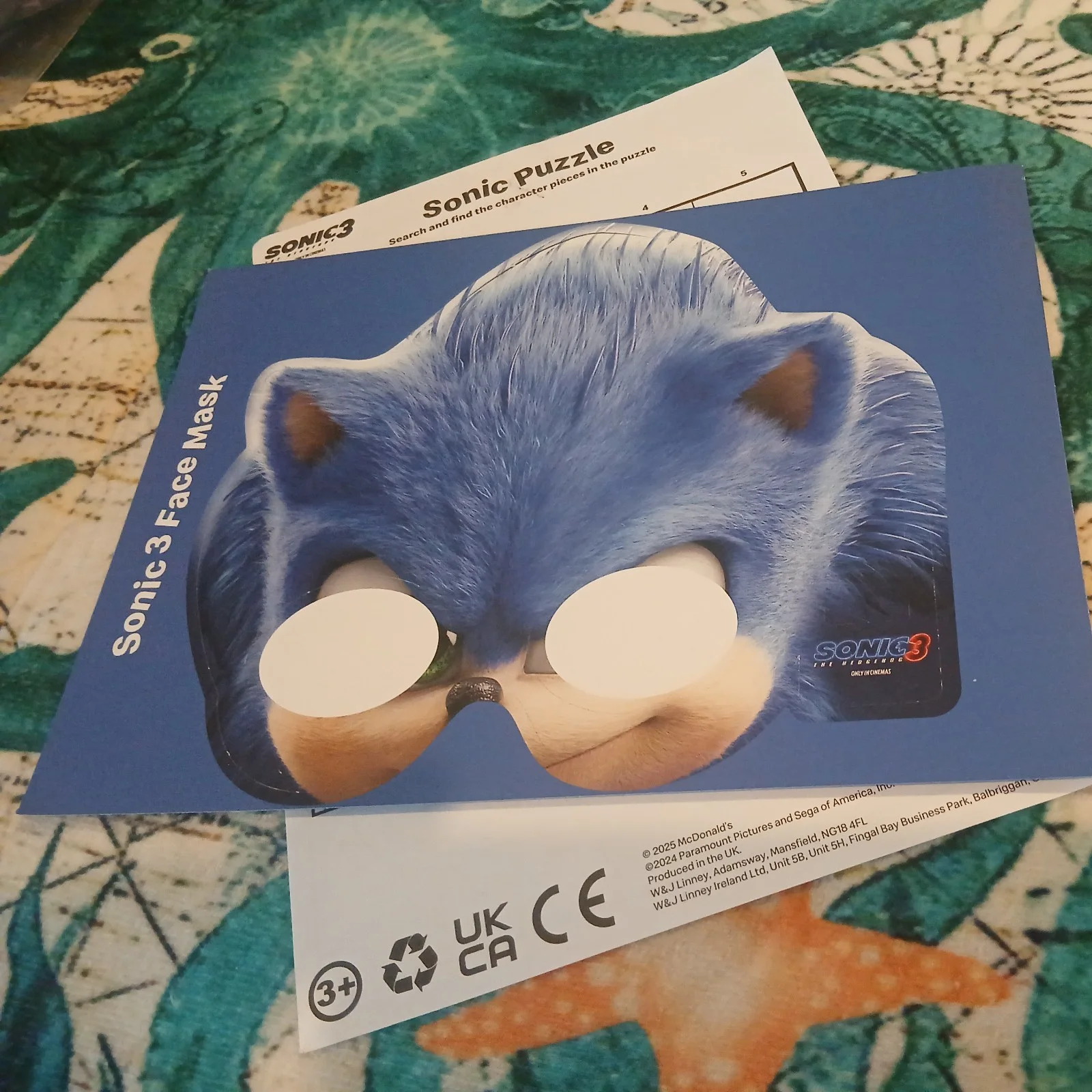 Sega Sonic the Hedgehog 3 Mask and Promo Activity Sheet Video Games Movie items, изображение 2