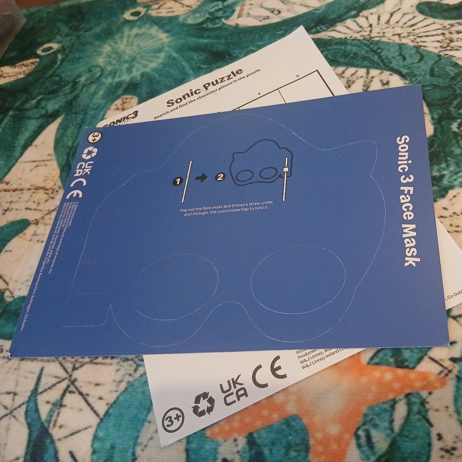 Sega Sonic the Hedgehog 3 Mask and Promo Activity Sheet Video Games Movie items, изображение 3