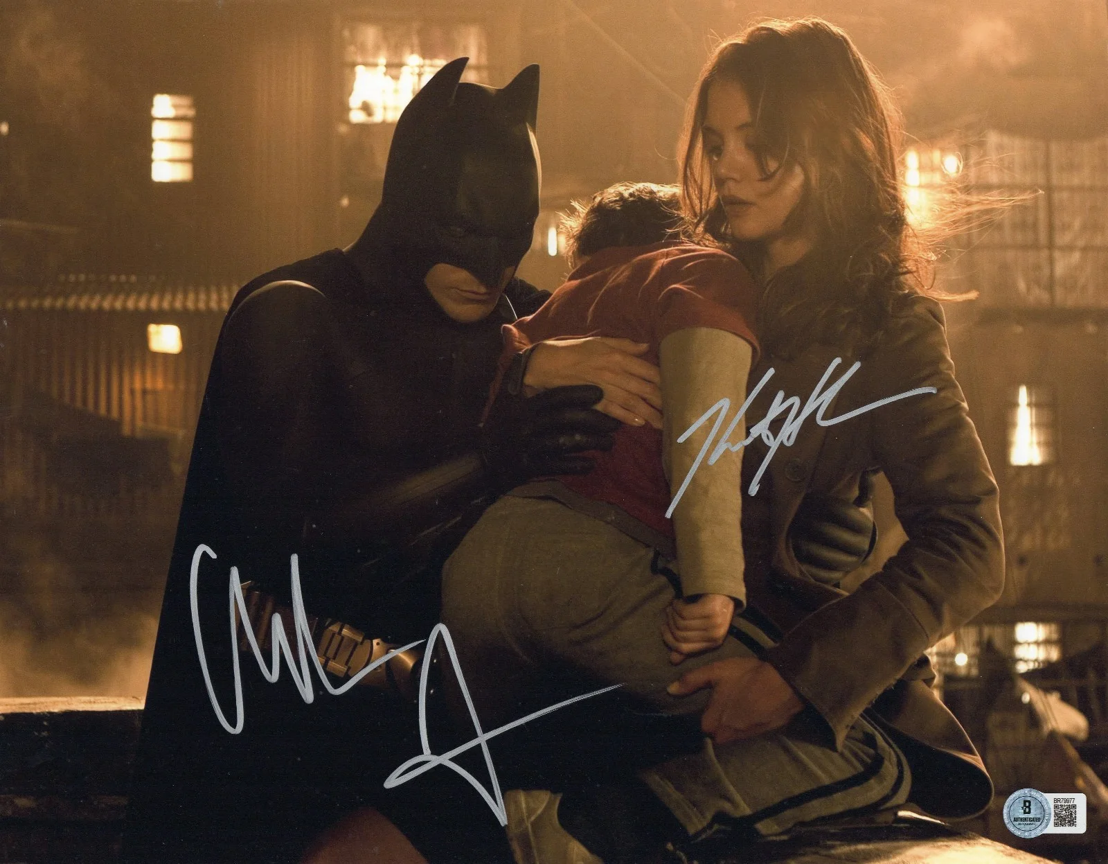 CHRISTIAN BALE KATIE HOLMES — Christian Bale Katie Holmes Signed Auto The Dark Knight 11X14 Photo BAS Beckett