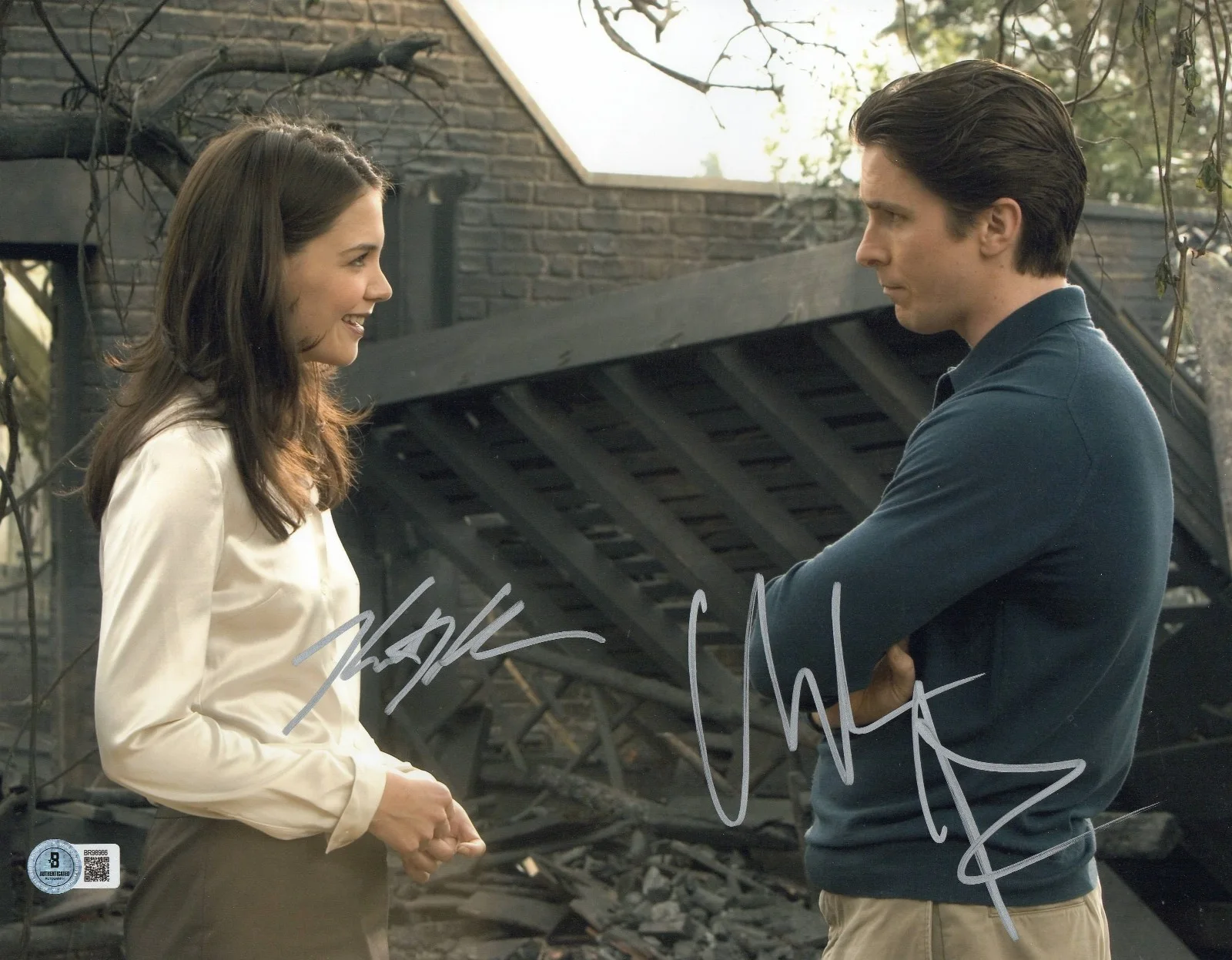 CHRISTIAN BALE KATIE HOLMES — Christian Bale Katie Holmes Signed Auto The Dark Knight 11X14 Photo BAS Beckett