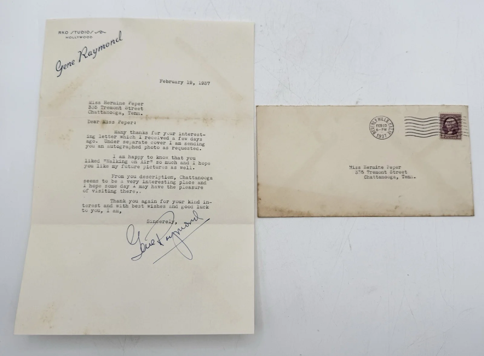 Gene Raymond — Gene Raymond 1937 Signed Letter w/Envelope Sent to My Grandmother.