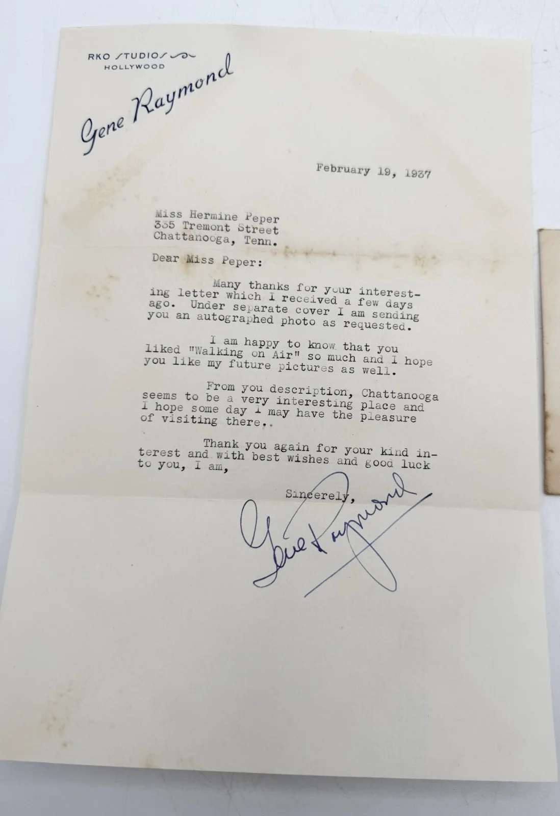 Gene Raymond — Gene Raymond 1937 Signed Letter w/Envelope Sent to My Grandmother., image 2