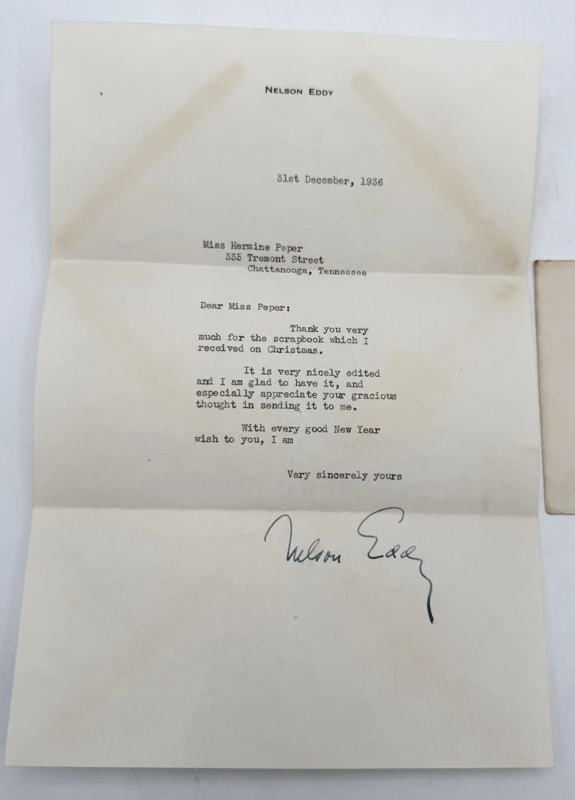 Nelson Eddy 1937 Signed Letter w/Envelope Sent to My Grandmother., изображение 2