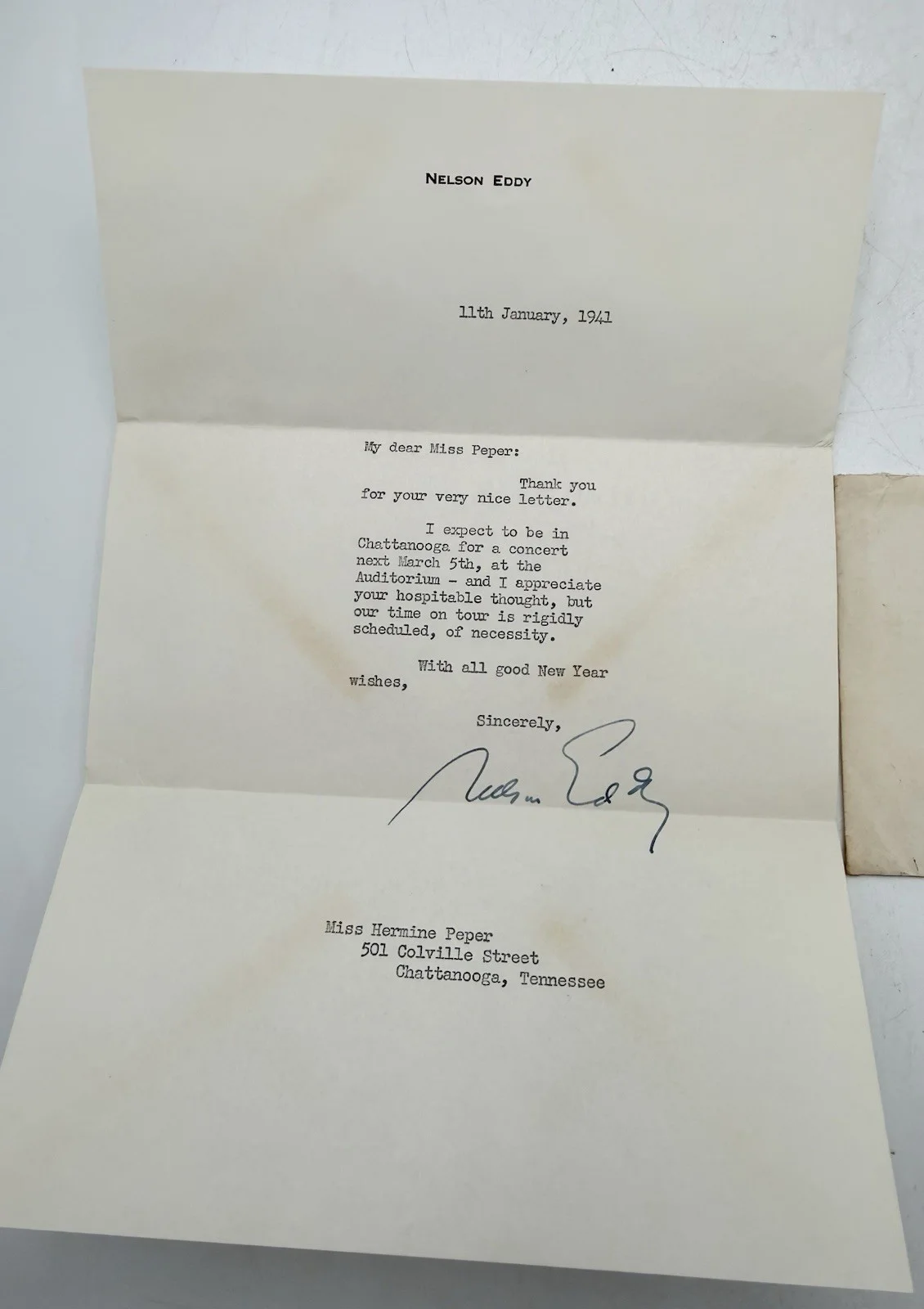 Nelson Eddy 1941 Signed Letter w/Envelope Sent to My Grandmother., изображение 2