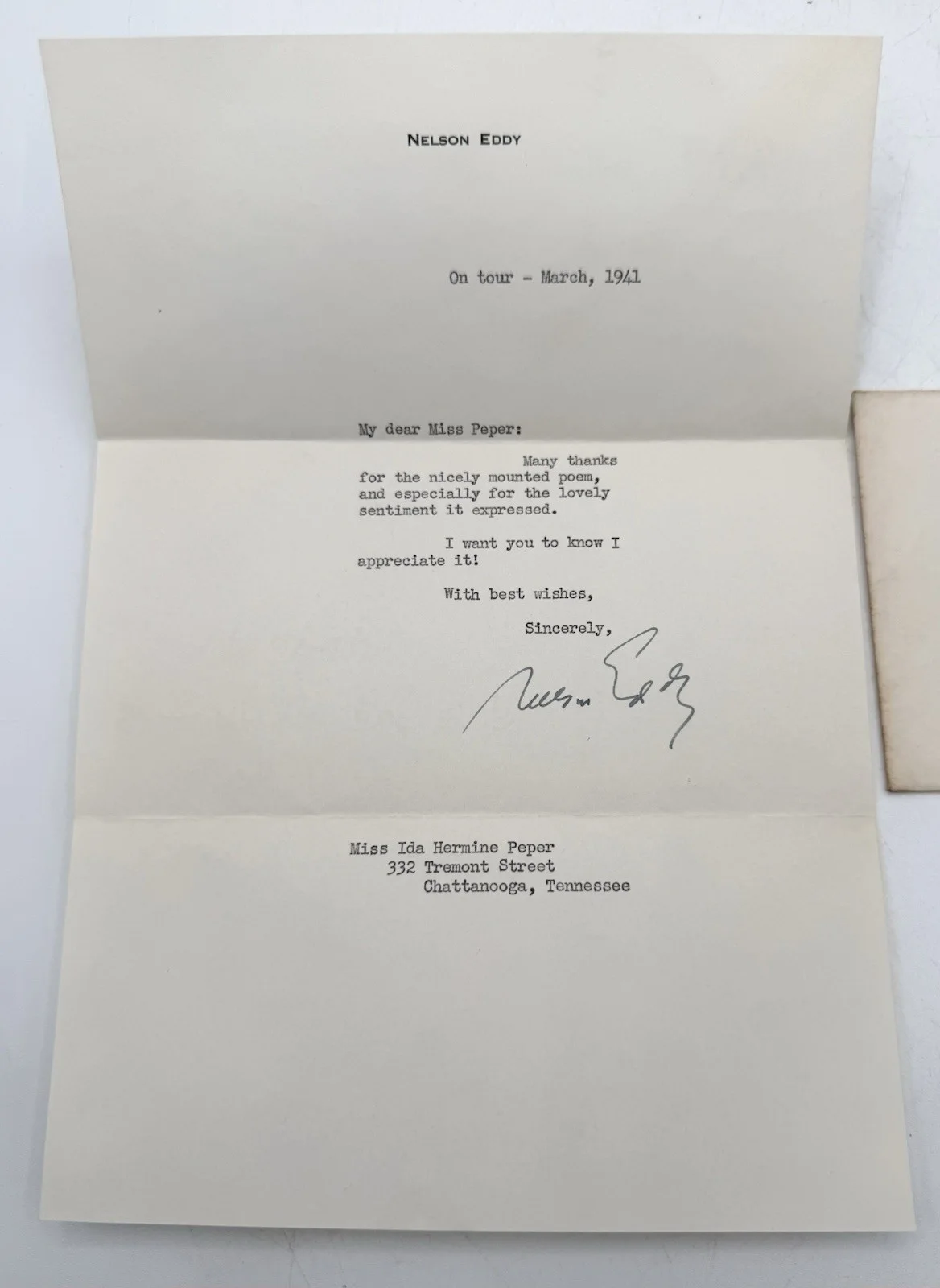 Nelson Eddy 1941 Signed Letter w/Envelope Sent to My Grandmother., изображение 2
