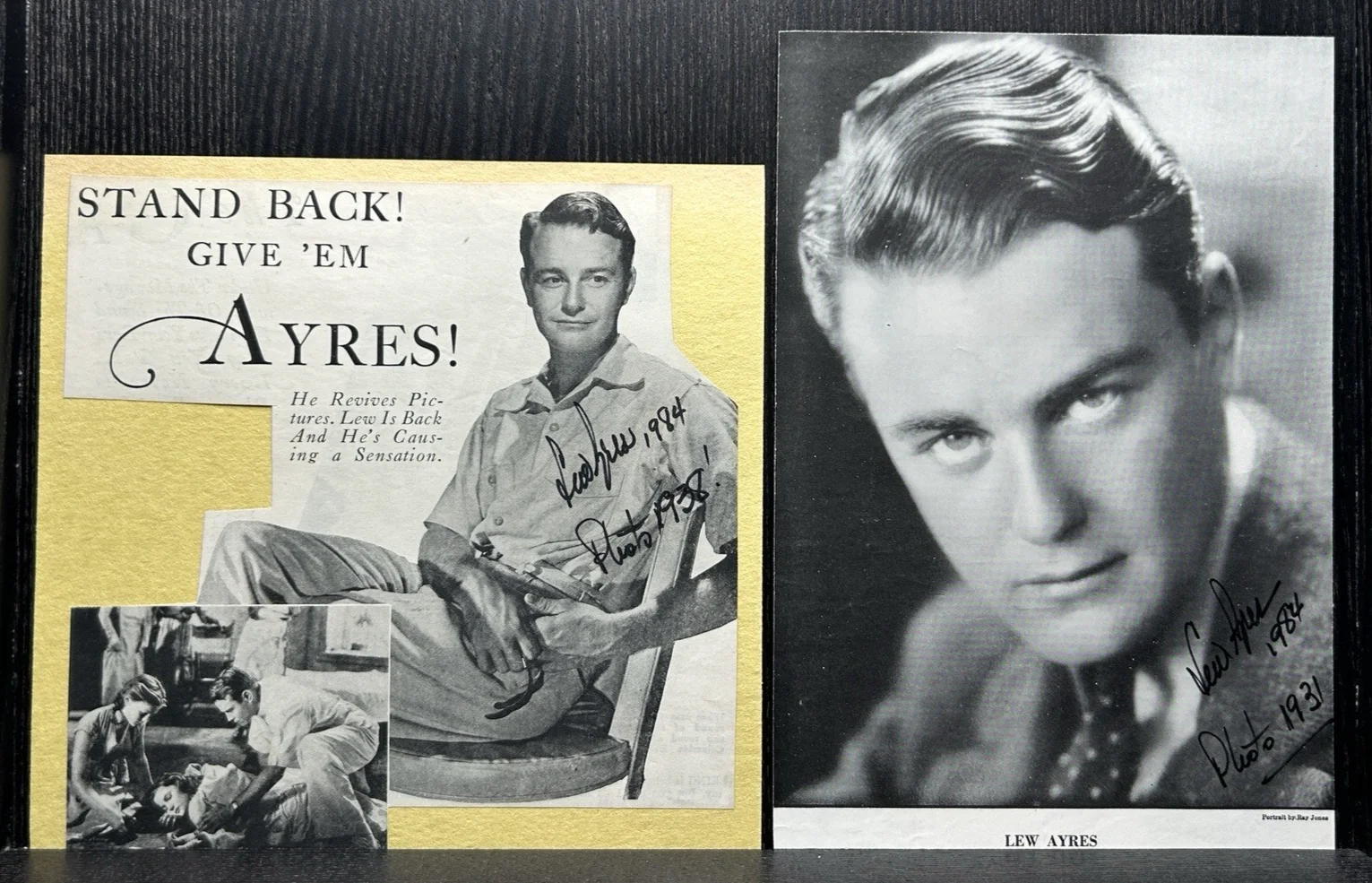 Lew Ayres — 2 LEW AYRES HAND SIGNED MAGAZINE CLIPPINGS Original Actor Autographs Dated 1984!