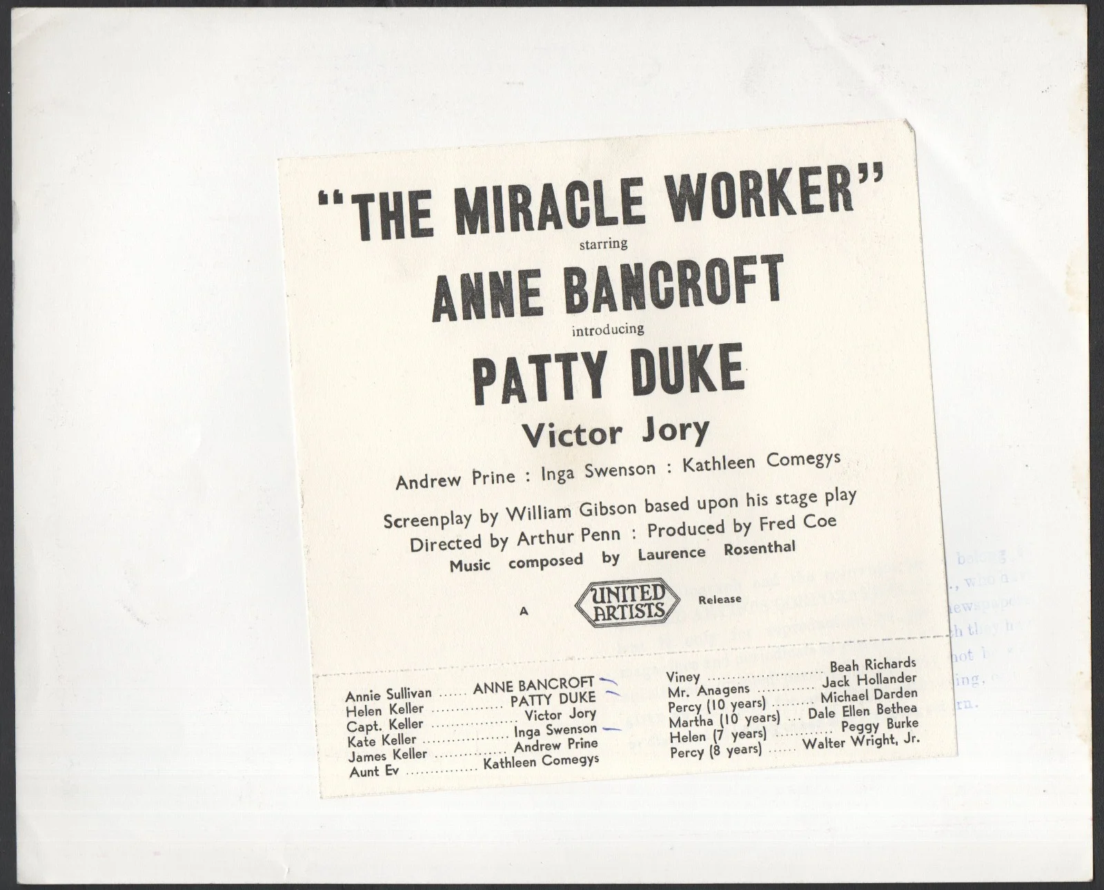 MIRACLE WORKER 1962 Anne Bancroft, Patty Duke, Inga Swenson 10x8 STILL, изображение 2