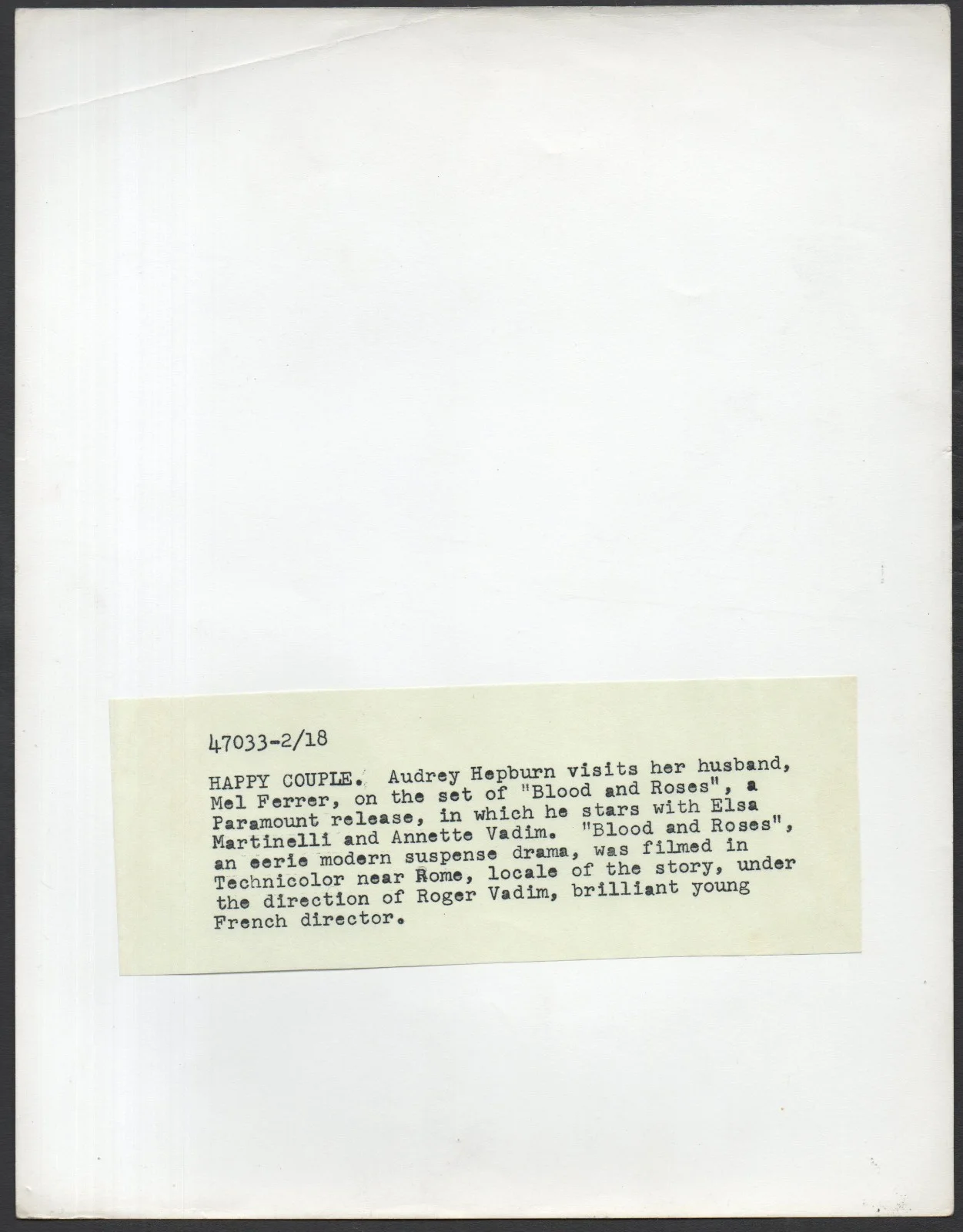 BLOOD AND ROSES 1960 Audrey Hepburn, Mel Ferrer 10x8 STILL, изображение 2