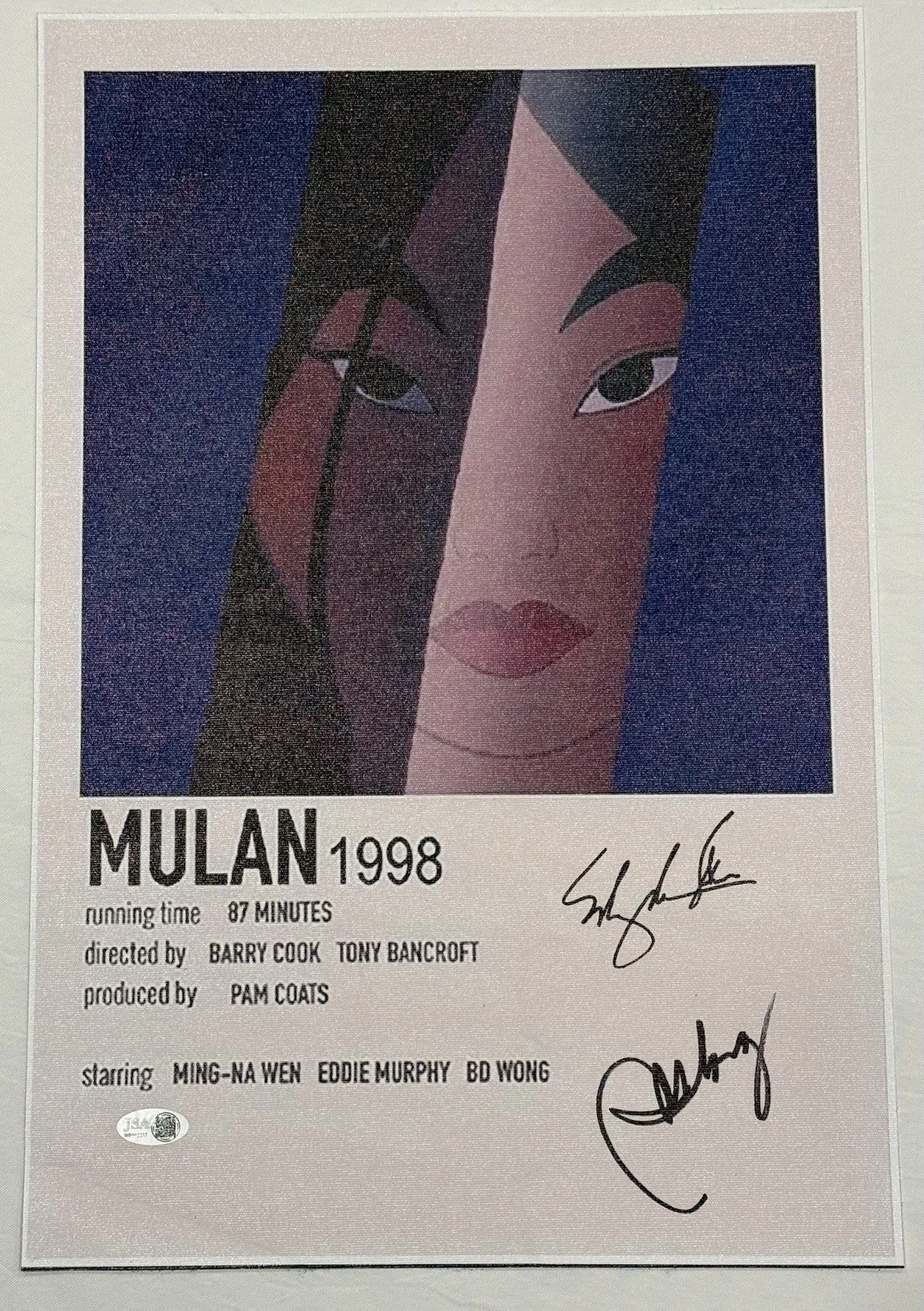 MING-NA WEN — Ming-Na Wen & BD Wong Signed Disney Mulan 12x18 Canvas Movie Poster JSA COA