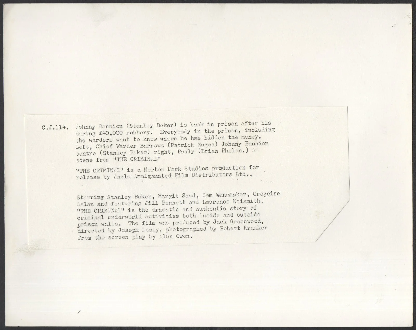 CRIMINAL 1960 Stanley Baker, Patrick Magee - Joseph Losey 10x8 STILL #114, image 2